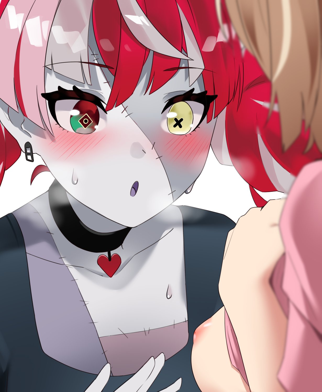 2022, 2girls, ayunda risu, blush, breasts, clothes lift, female, female only, hololive, hololive indonesia, hololive indonesia area 15, hololive indonesia holoro, kureiji ollie, multiple females, multiple girls, nipples, patchwork skin, virtual youtuber, yuri, yuyu5x, zombie, zombie girl