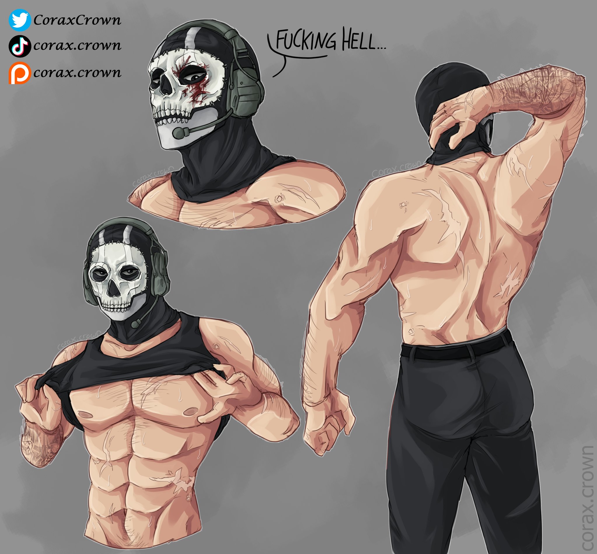 1boy, abs, ass, call of duty, call of duty modern warfare 2 (2022), coraxcrown, ghost (modern warfare 2), hairy arms, half naked, half-dressed, male, male only, no visible genitalia, pecs, scar, shirtless, simon riley, solo, solo male