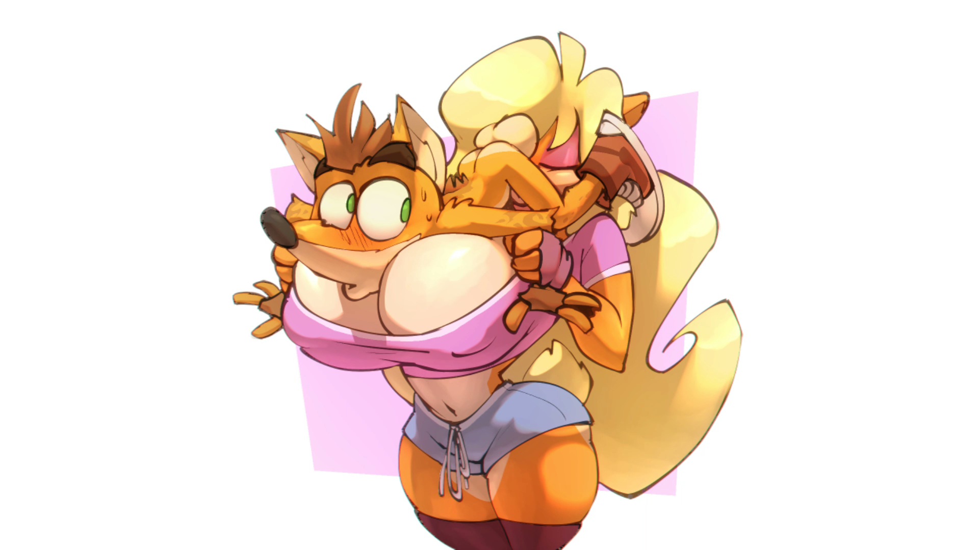 balls, bigdad, blonde hair, blowjob, boob smothering, boob window, breasts, clothing, crash (series), crash bandicoot, edit, exposed torso, female, footwear, furry, furry female, furry male, furry only, handwear, large breasts, long hair, male, penis, small balls, small penis, small penis adoration, tagme, tawna bandicoot