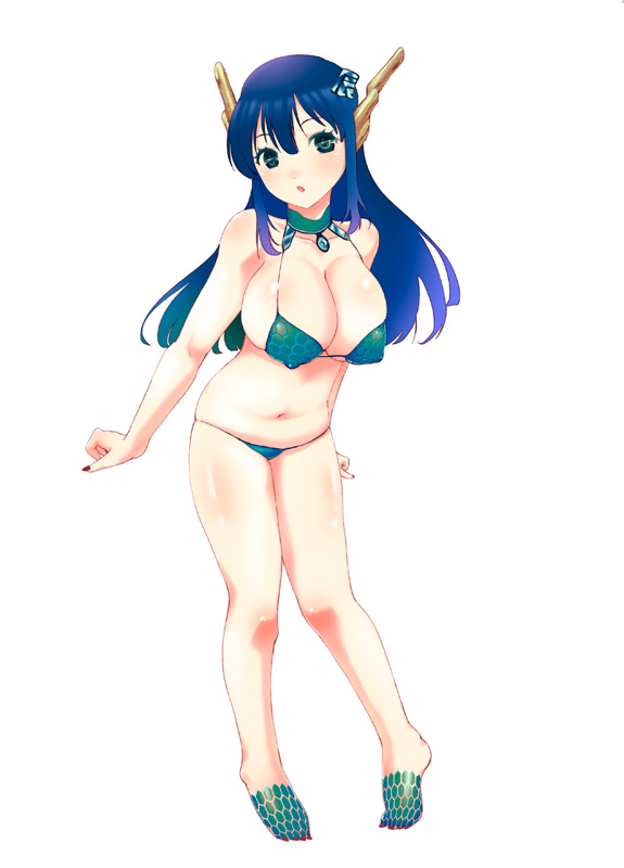 alternate_costume big_breasts bikini blue_hair choker cleavage female female_only full_body genderswap_(mtf) gintama green_eyes hair_ornament katsura_kotarou long_hair looking_at_viewer matsuee_(fiance_sensha) nipple_bulge rule_63 scales solo standing