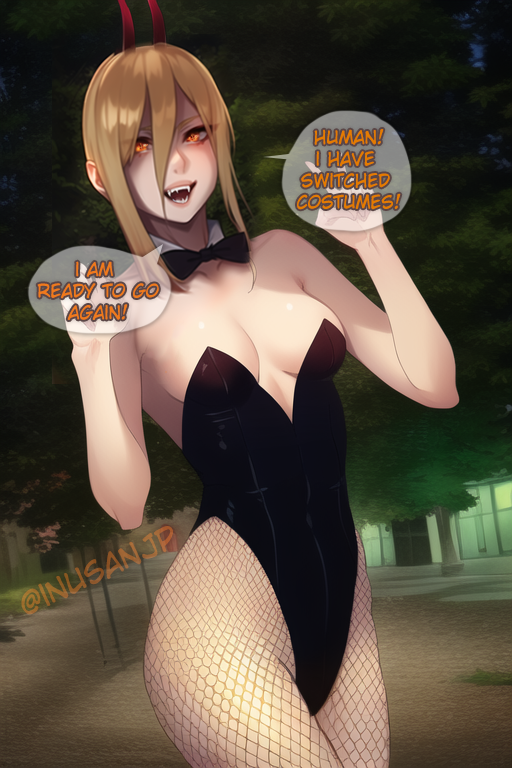 ai generated, bare shoulders, blonde female, blonde hair, bunny girl, bunnysuit, chainsaw man, costume, devil girl, edit, fangs, female, fishnets, hair between eyes, halloween, halloween costume, highleg, horns, inusanjp, nai diffusion, power (chainsaw man), red eyes, stable diffusion