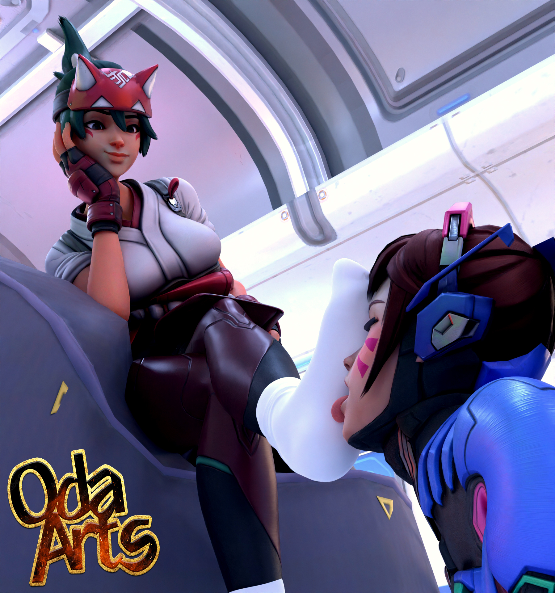 2girls, 3d, d.va, feet, feet licking, feet on face, female, female only, foot fetish, kiriko (overwatch), licking, licking feet, oda arts, overwatch, overwatch 2, socks, yuri