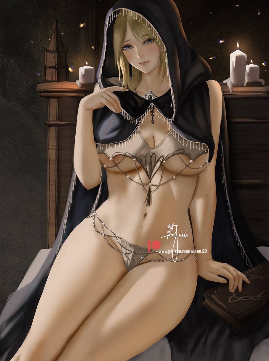 1girls 2022 alternate_costume alternate_outfit alternate_version_at_source alternate_version_available artist_name bangs bed belly belly_button black_cloak black_clothing blonde_female blonde_hair blue_eyes book bra breasts candle candles cleavage cloak closed_mouth commentary deathbed_smalls elden_ring female female_focus female_only fia_the_deathbed_companion fingernails fromsoftware highres hood hood_up hooded_cloak jewelry light-skinned_female looking_at_viewer medium_hair navel on_bed panties patreon_username signature sitting sitting_on_bed solo solo_female solo_focus underwear wei_(promise_0820) weisart white_bra white_panties