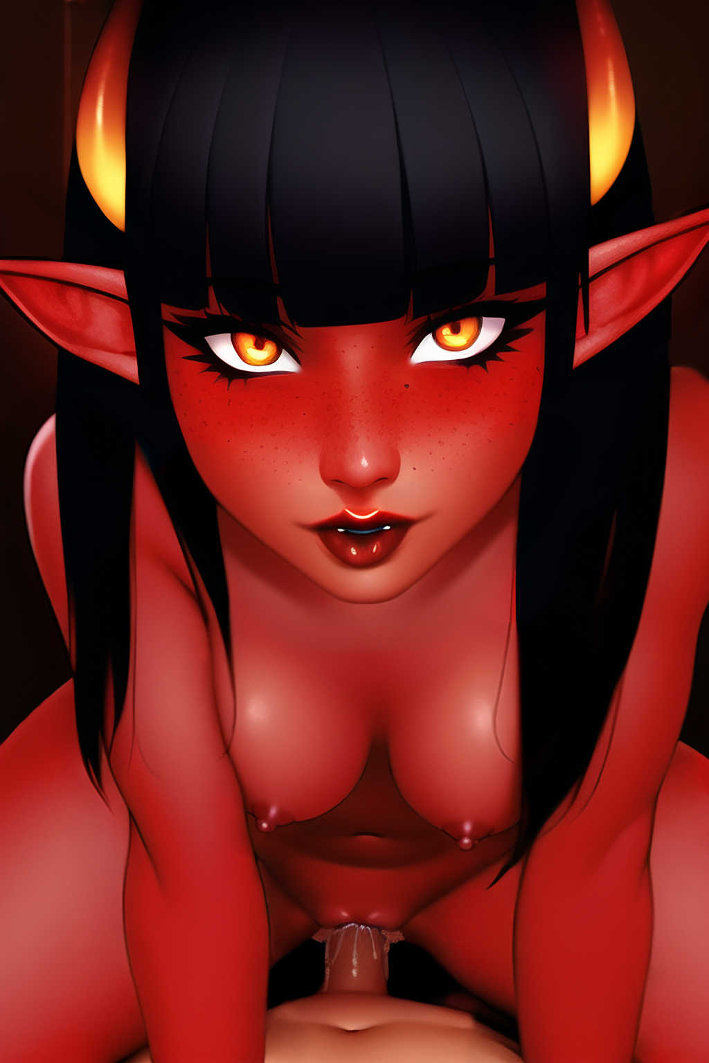 1boy bangs black_hair blunt_bangs breasts colored_nipples colored_skin cowgirl_position demon demon_girl eyelashes female freckles glowing glowing_eyes highres horns insertion jablungus lips long_eyelashes medium_breasts naughty_face navel nipples nude oni_horns orange_eyes penis pointy_ears pov puffy_areolae pussy pussy_juice realistic red_lips red_nipples red_skin sex spread_legs straddling tail