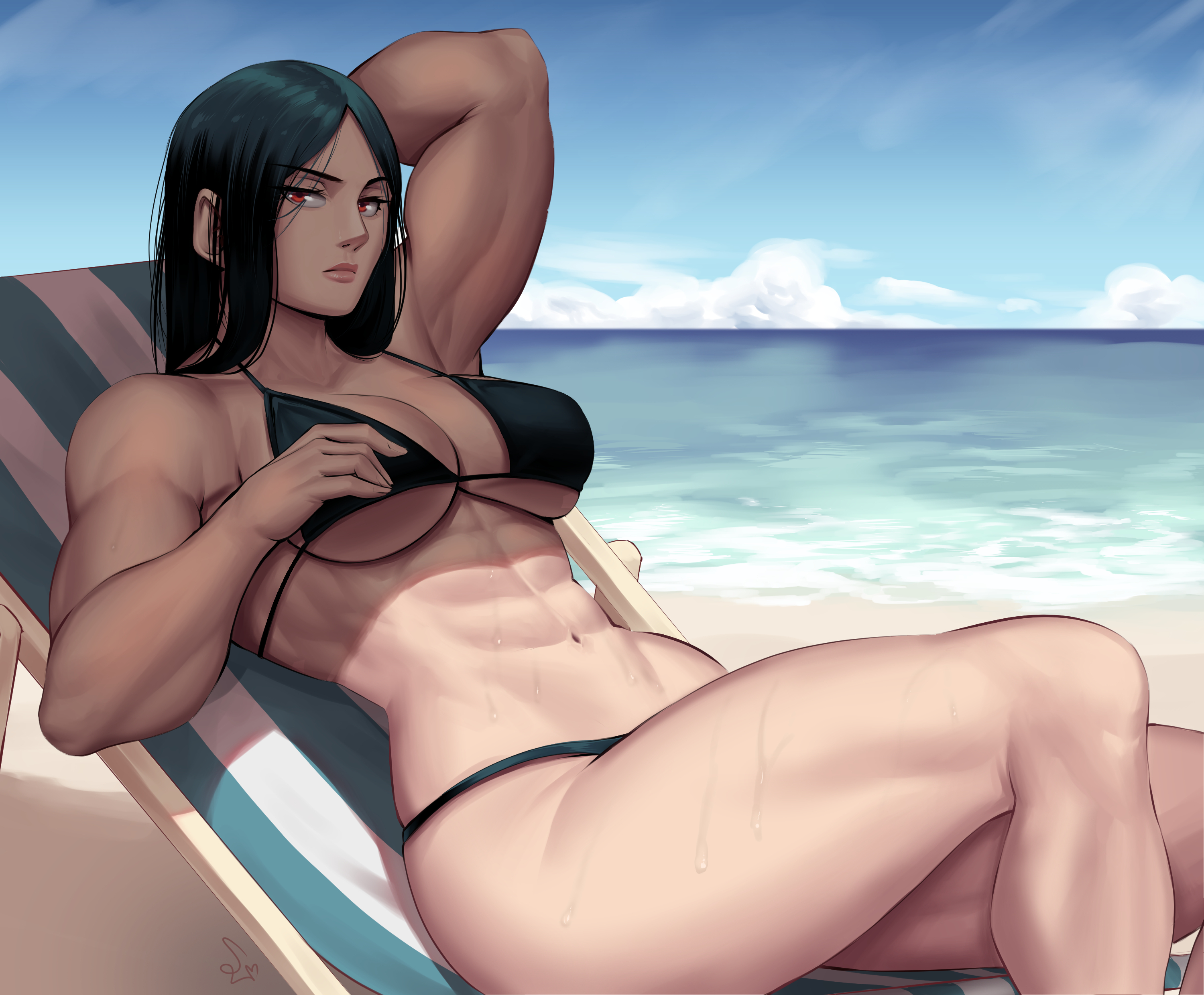 1girls, abs, absurd res, armpits, arms behind head, artist signature, beach, biceps, bikini, breasts, cleavage, dark green bikini, female, hi res, large breasts, light skin, light-skinned female, looking at viewer, lying, multicolored hair, muscular, muscular arms, muscular female, muscular legs, navel, original, original character, red eyes, speedl00ver, string bikini, sunbathing, sweat, swimsuit, thick thighs, underboob
