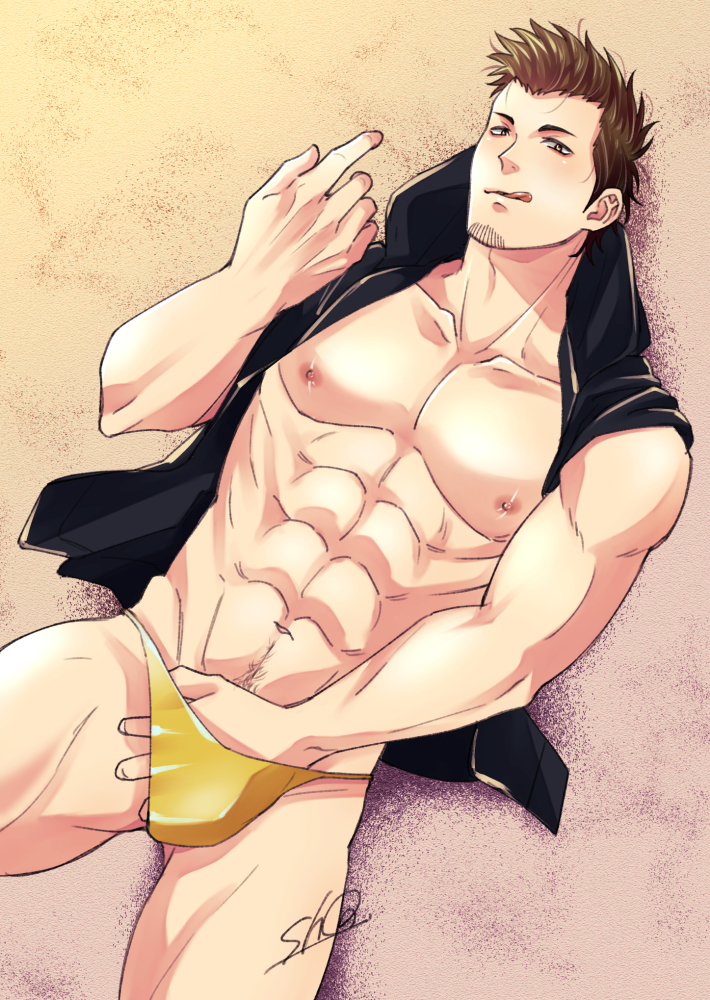 abs alternate_costume bara beach beckoning brown_hair facial_hair gintama goatee hand_in_pants hoodie kondou_isao licking_lips looking_at_viewer male male_only muscular muscular_male on_back on_ground open_jacket pecs shocacao72 sleeveless solo speedo swimwear