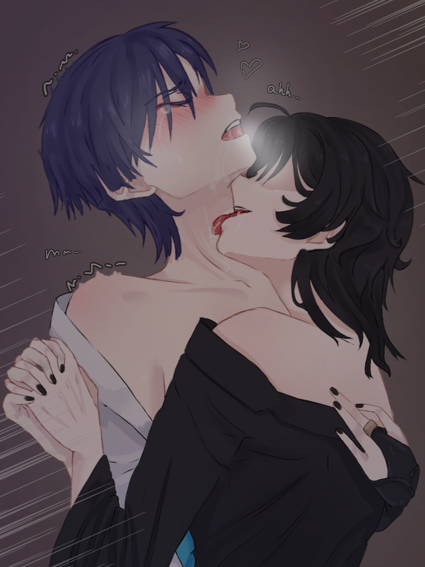 black_hair neck_kiss neck_lick neck_licking purple_hair submissive_male undressing