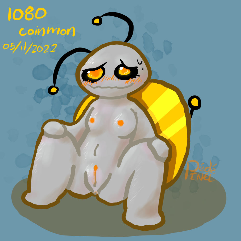 antennae_(anatomy) anus blue_background bodily_fluids coin collecurei colored_line_art colored_nails dedepinel female genitals gimmighoul grey_body humanoid leaked_coinmon metallic nails navel nintendo nipples orange_blush orange_eyes pokémon_(species) pokemon pokemon_go pussy shaded signature simple_background solo sweat sweatdrop video_games