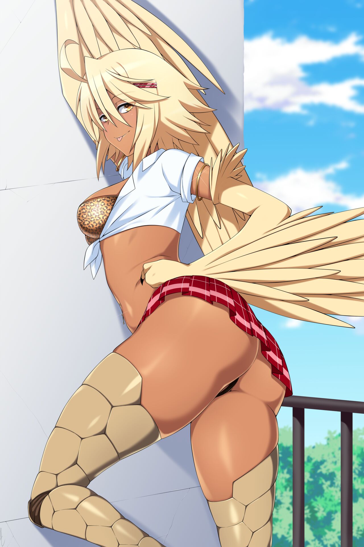 1girls, ass, big ass, big butt, blonde, blonde hair, bra, breasts, cheetah print, clothed, clothes, clothing, crop top, female, gyaru, hair clip, hair ornament, harpy, jewelry, large ass, large butt, lindaroze, midriff, monster girl, monster musume no iru nichijou, panties, papi (monster musume), school uniform, scuted legs, short skirt, skimpy, skimpy clothes, skirt, solo, solo female, tan skin, thick thighs, thighs, tongue, tongue out, wings