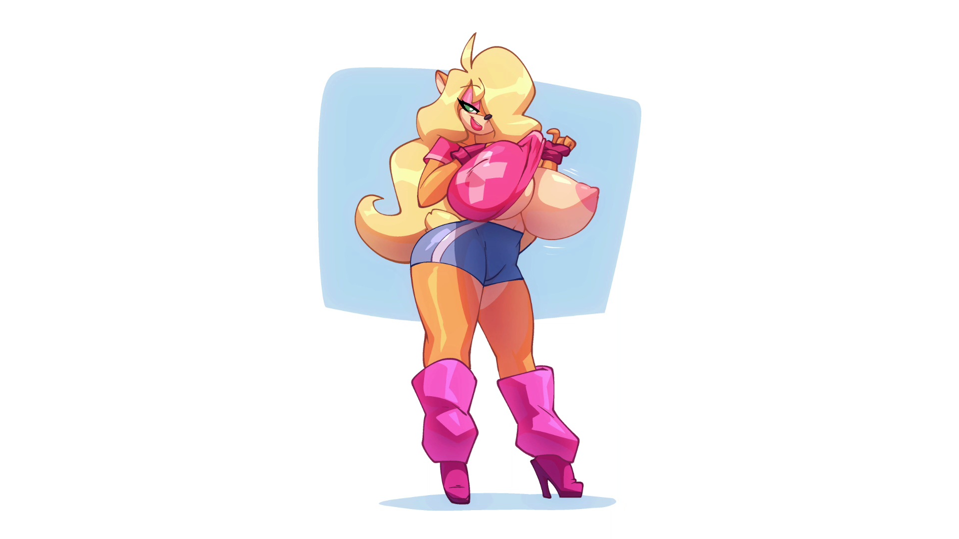 alternate breast size, anthro, bigdad, blonde hair, breasts, crash (series), edit, exposed breasts, exposed nipples, female, furry, furry female, furry only, heel boots, heels, huge breasts, large breasts, pink shirt, pink skin, red lipstick, seductive look, seductive smile, tagme, tawna bandicoot, underboob, white background