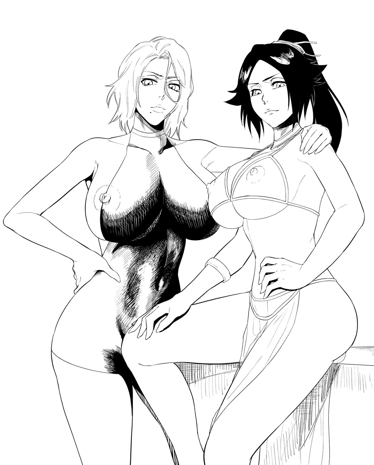 2girls, big breasts, bikini, black and white, bleach, breasts, female, female only, highres, iwao178, large breasts, line art, long hair, matsumoto rangiku, multiple females, multiple girls, no artist signature, no source, ponytail, revealing swimsuit, shihouin yoruichi, short hair, simple background, skimpy, skimpy bikini, swimsuit, tied hair, voluptuous, white background