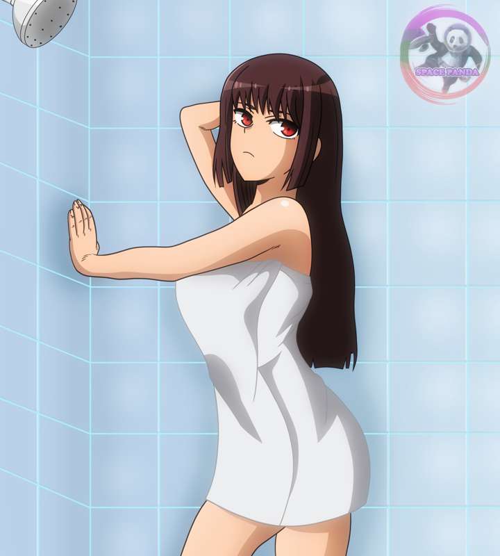 1girls ass bathroom big_breasts breasts clothed clothing english_text female female_focus female_only hi_res long_hair please_don't_bully_me,_nagatoro pose president_(nagatoro) purple_hair red_eyes revealing_clothes sana_sunomiya shower solo space-panda standing text watermark