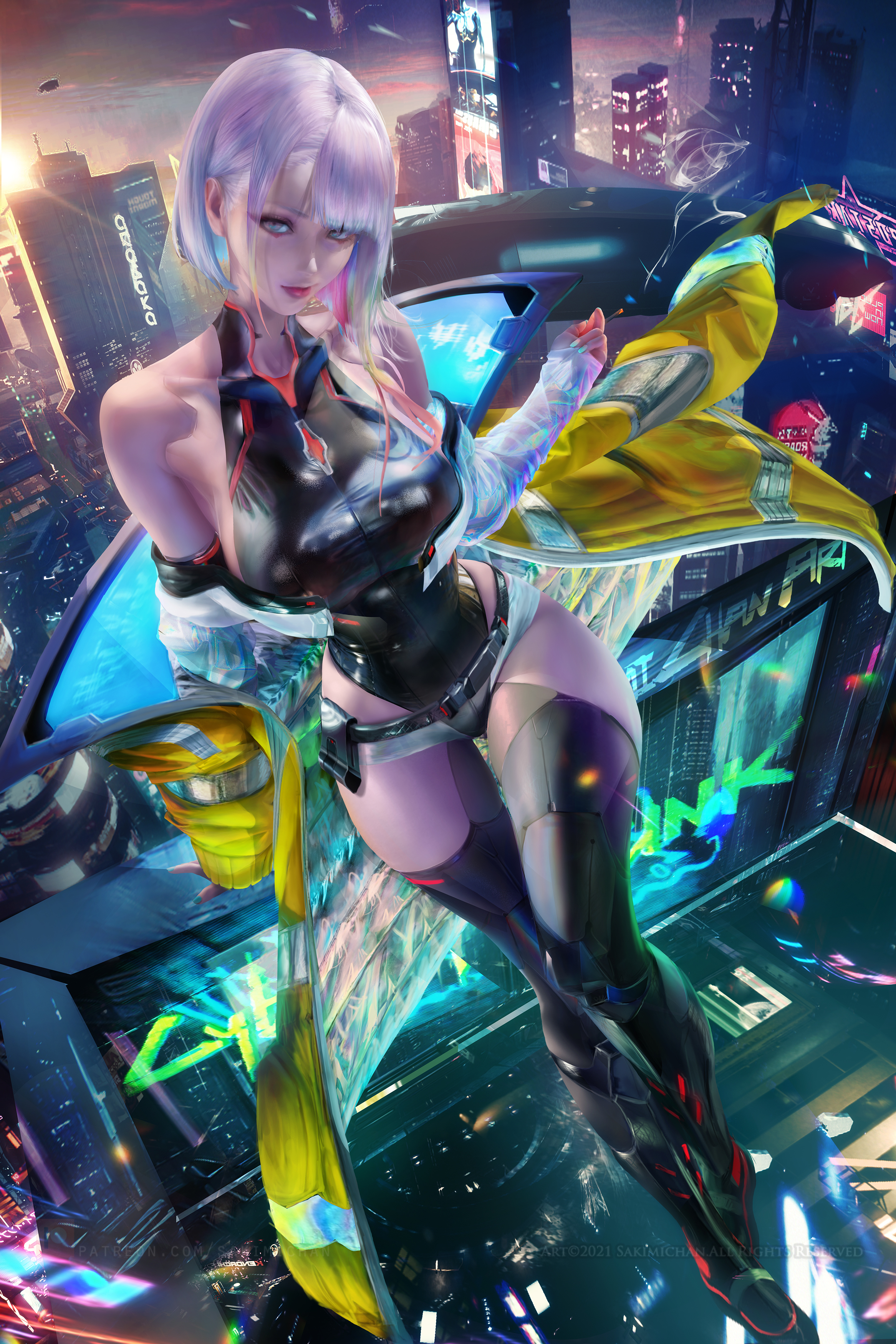 breasts, cd projekt red, cyberpunk 2077, cyberpunk: edgerunners, female, hourglass figure, huge breasts, lucyna kushinada, sakimichan, studio trigger, thick thighs