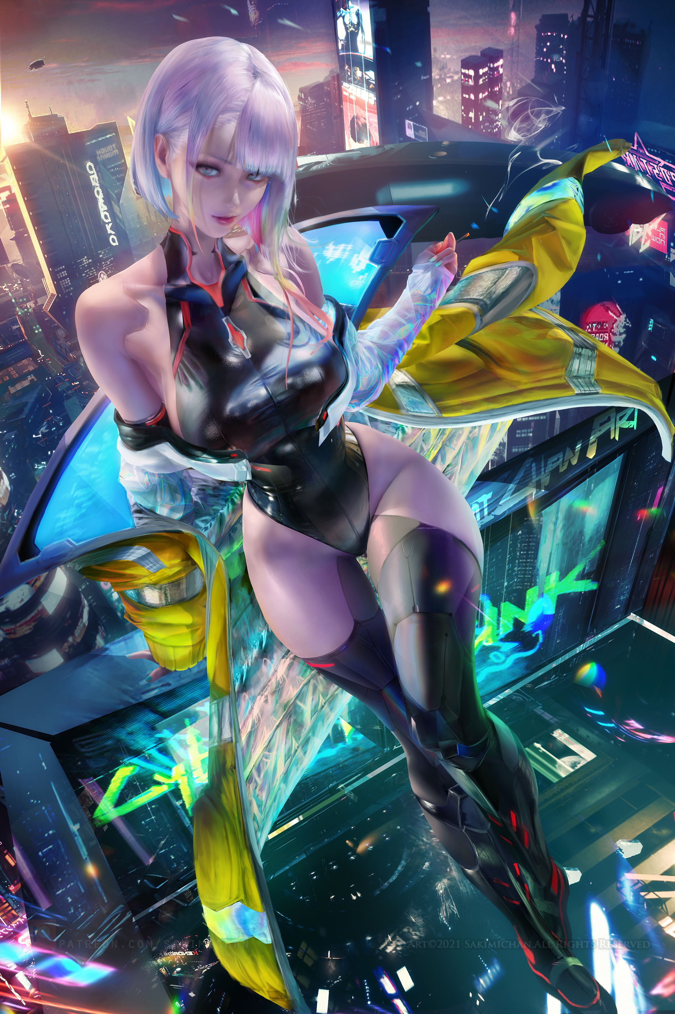 breasts, cd projekt red, cyberpunk 2077, cyberpunk: edgerunners, female, hourglass figure, huge breasts, lucyna kushinada, sakimichan, studio trigger, thick thighs