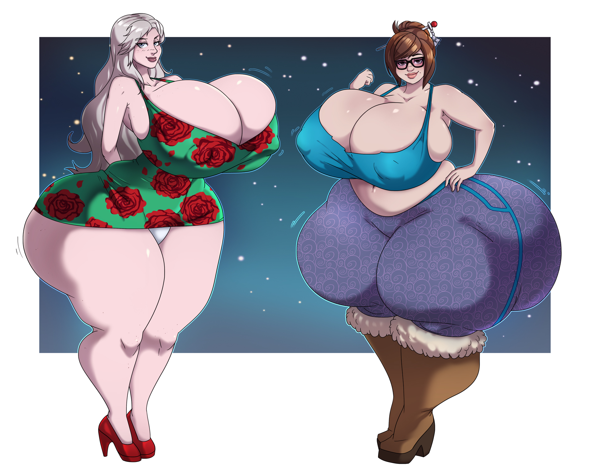 2girls, ass, ass bigger than head, ass bigger than torso, breasts, breasts bigger than head, bursting breasts, enormous ass, enormous breasts, eyewear, fat ass, female, gigantic ass, gigantic breasts, glasses, high heels, huge ass, huge breasts, hyper, hyper ass, hyper breasts, hyper thighs, long hair, looking at viewer, massive ass, massive breasts, mei (overwatch), overwatch, short hair, spiralingstaircase, tagme, thick thighs, wide hips