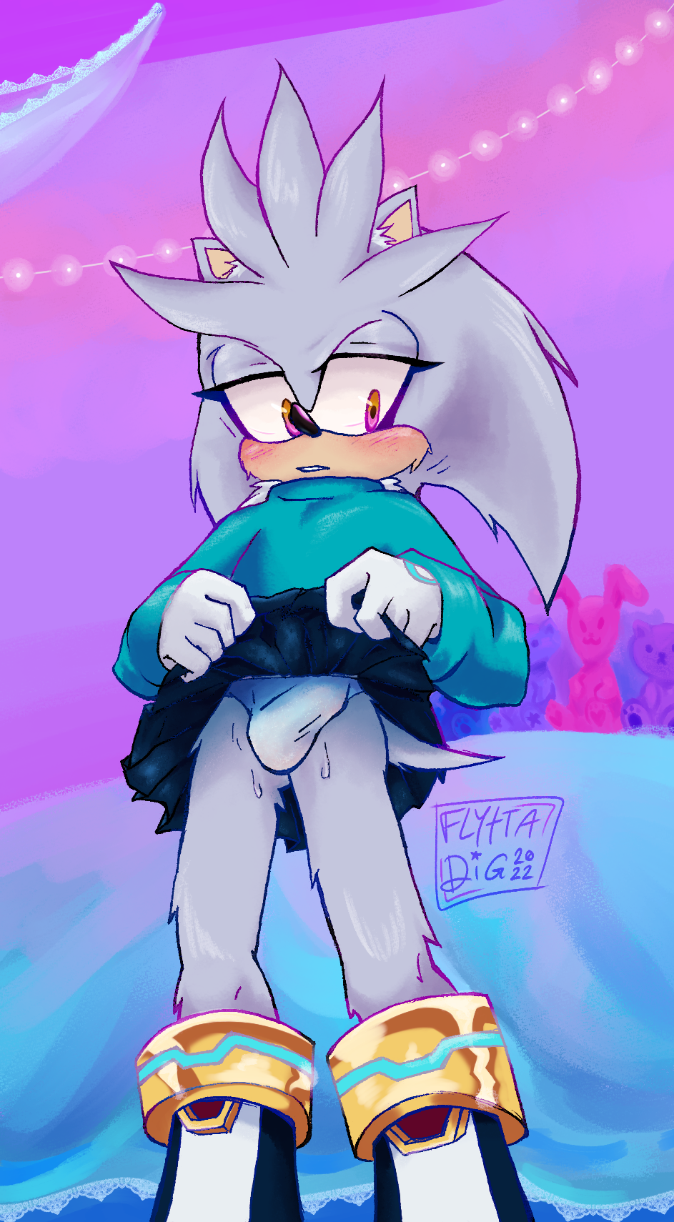 1boy anthro blush boots clothed crossdressing erection femboy flyttadig gay gloves hedgehog lifting_skirt male male_only mammal mobian_(species) panties presenting silver_fur silver_the_hedgehog solo solo_male sonic_(series)