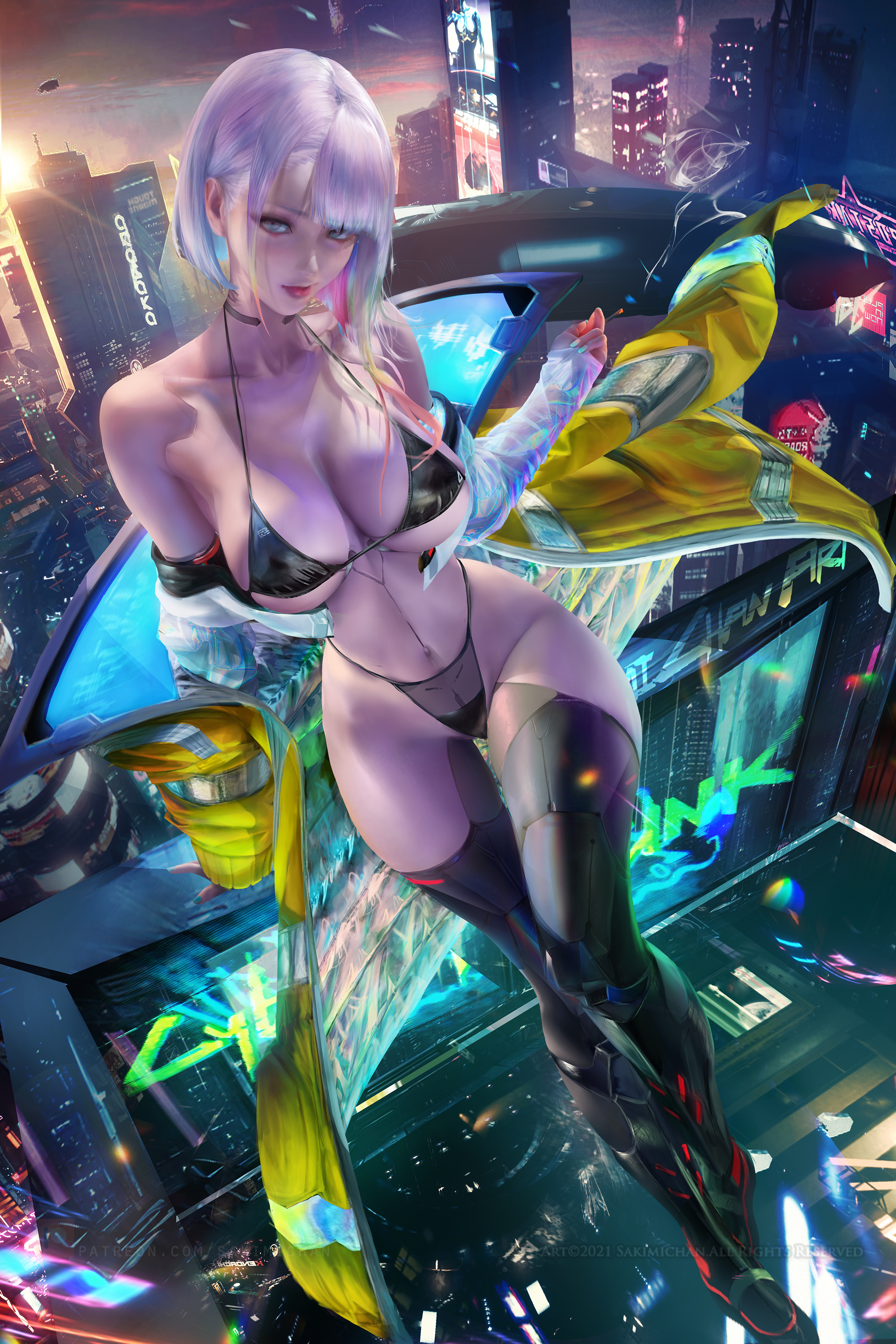 breasts, cd projekt red, cyberpunk 2077, cyberpunk: edgerunners, female, hourglass figure, huge breasts, lucyna kushinada, sakimichan, studio trigger, thick thighs