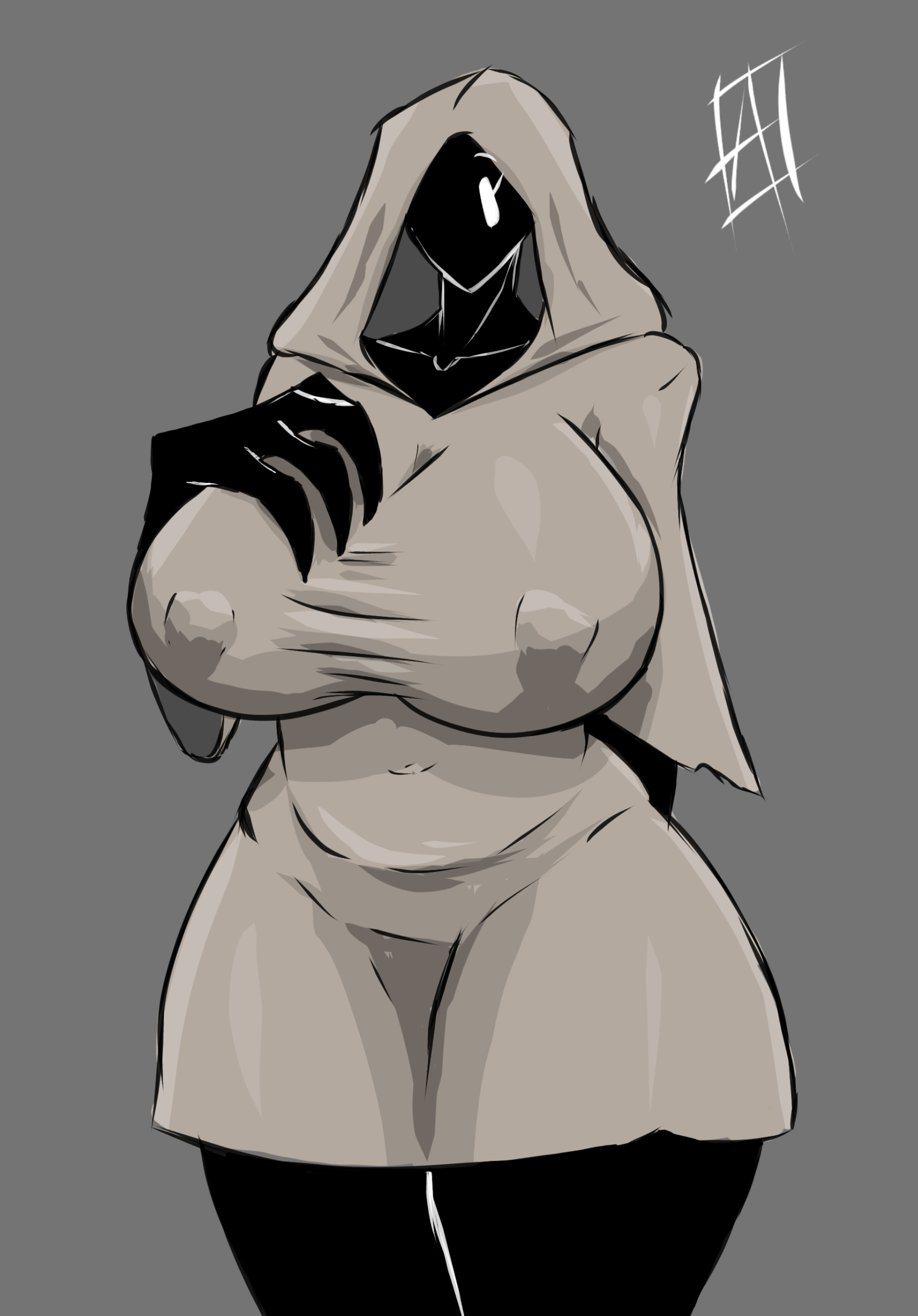 1girls, anonymous47 (artist), anthro, big breasts, black skin, breasts, dark skin, eldritch horror, female, female focus, female only, hoodie, humanoid, looking at viewer, mari (anonymous 47), missing eye, original character, stomach, white eyes, wide hips