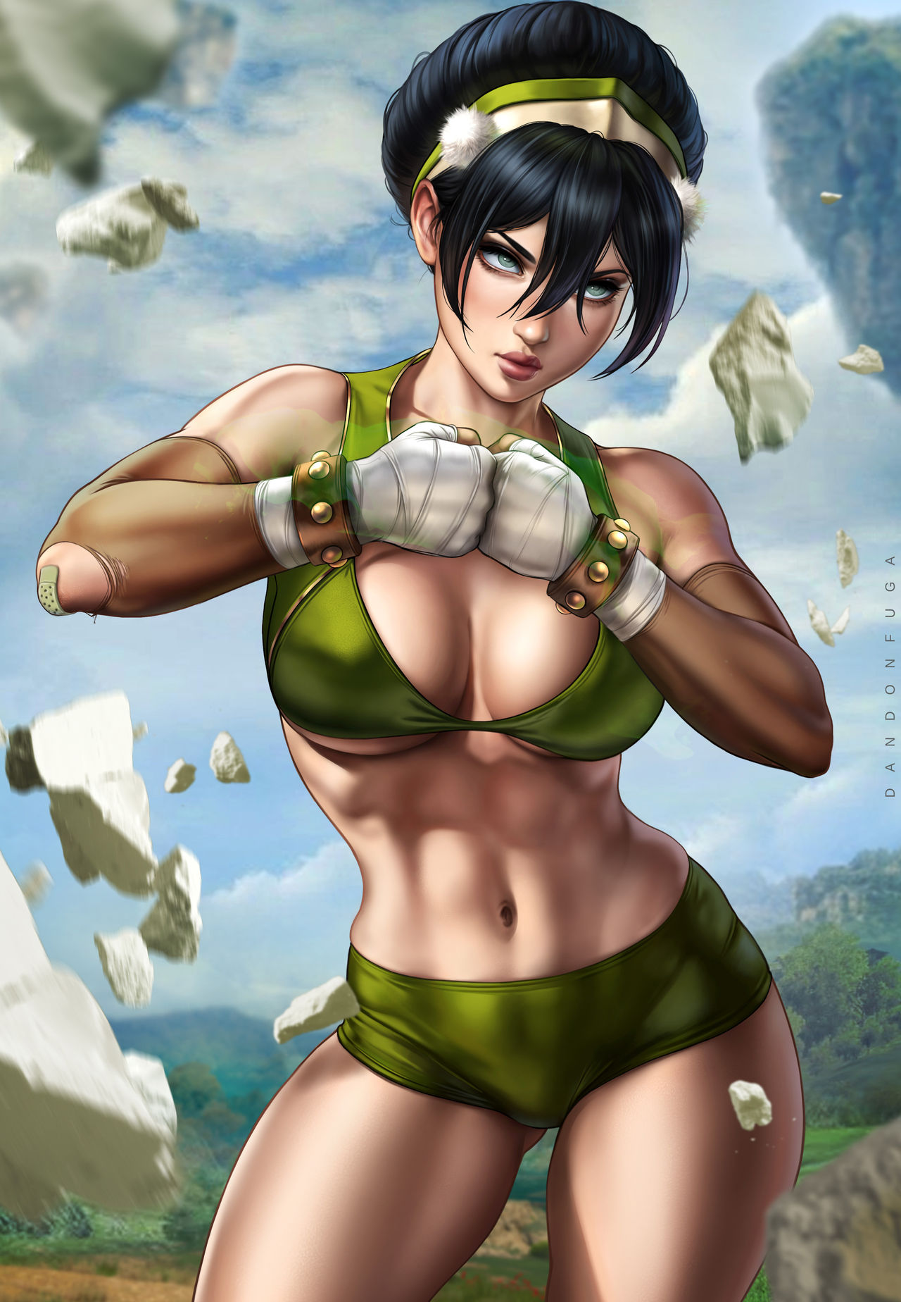 aged up, avatar the last airbender, big breasts, black hair, blind, breasts, child bearing hips, cleavage, clothed, clothed female, clothing, dandon fuga, female, large breasts, nickelodeon, pinup, shorts, smooth skin, solo, thick thighs, toph bei fong, wide hips