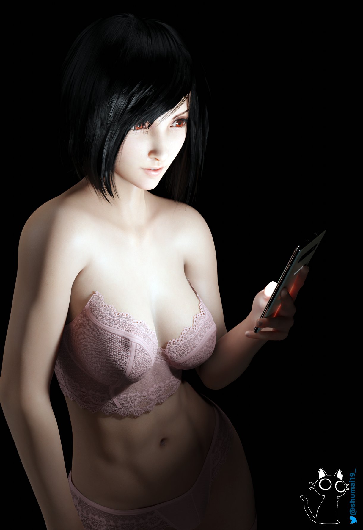 1girls 3d black_background female female_only final_fantasy final_fantasy_vii large_breasts on_phone phone shumai3d tifa_lockhart underwear