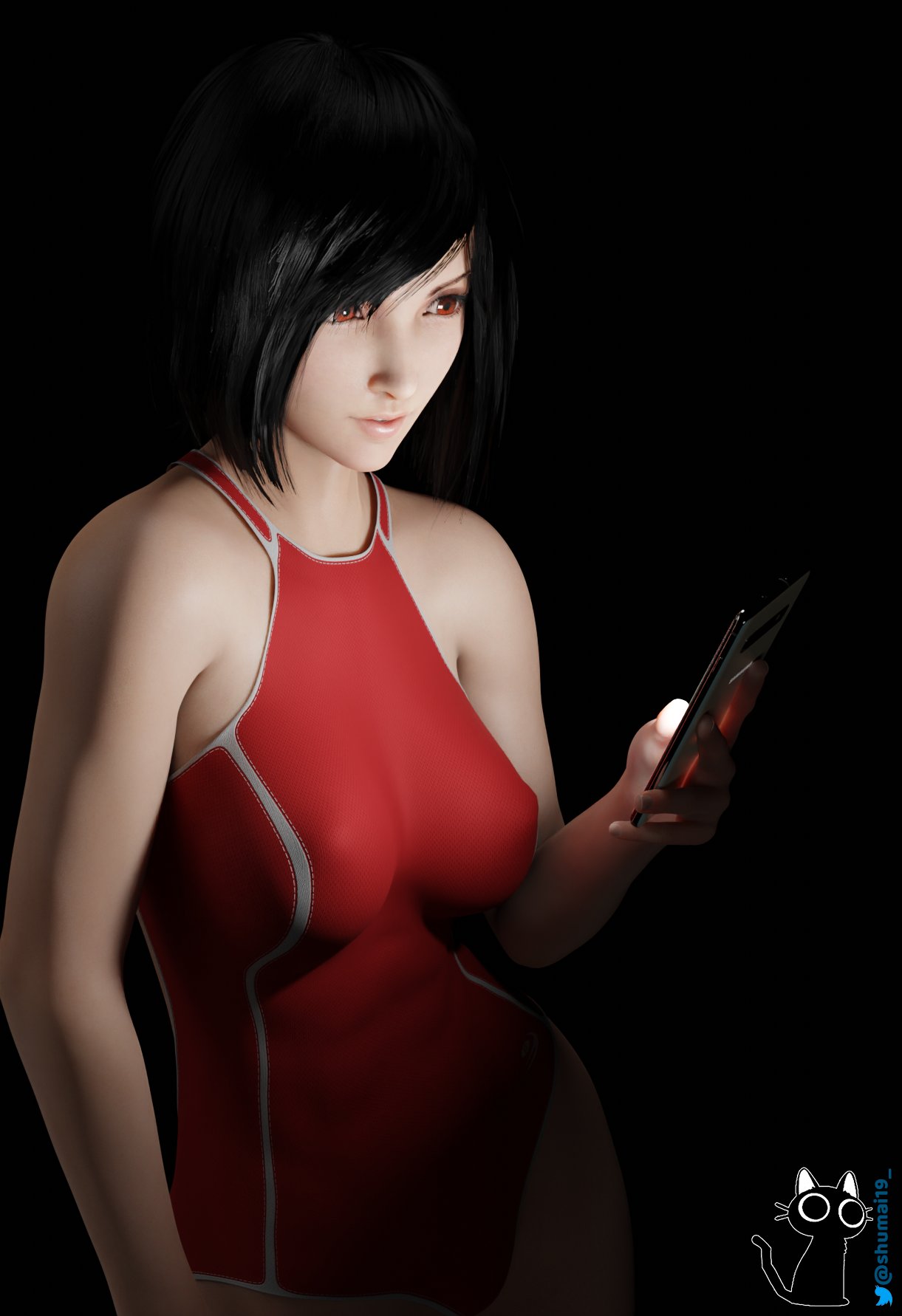 1girls 3d black_background female female_only final_fantasy final_fantasy_vii large_breasts on_phone phone shumai3d swimsuit tifa_lockhart