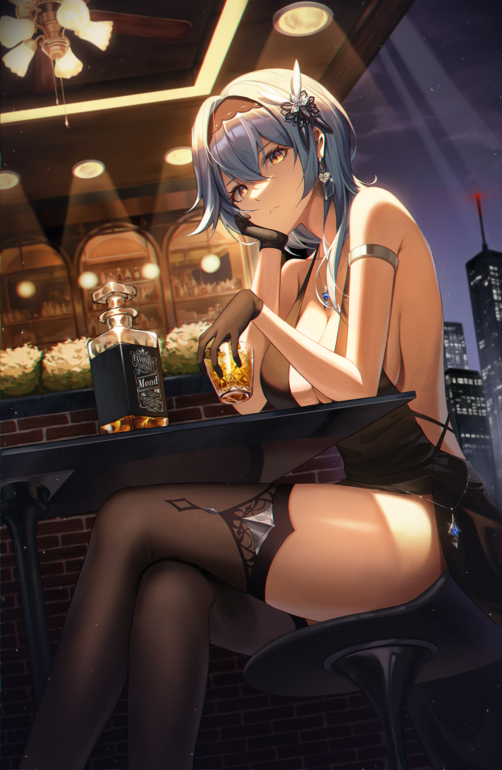 1girls, alcohol, bangs, bare shoulders, black gloves, black hairband, black thighhighs, blue hair, breasts, crossed legs, drink, earrings, eula (genshin impact), female, female only, frown, genshin impact, gloves, hair ornament, hairband, hand on own face, holding, holding cup, jewelry, large breasts, looking at viewer, necklace, sideboob, sidelocks, sitting, solo, thighhighs, thighs