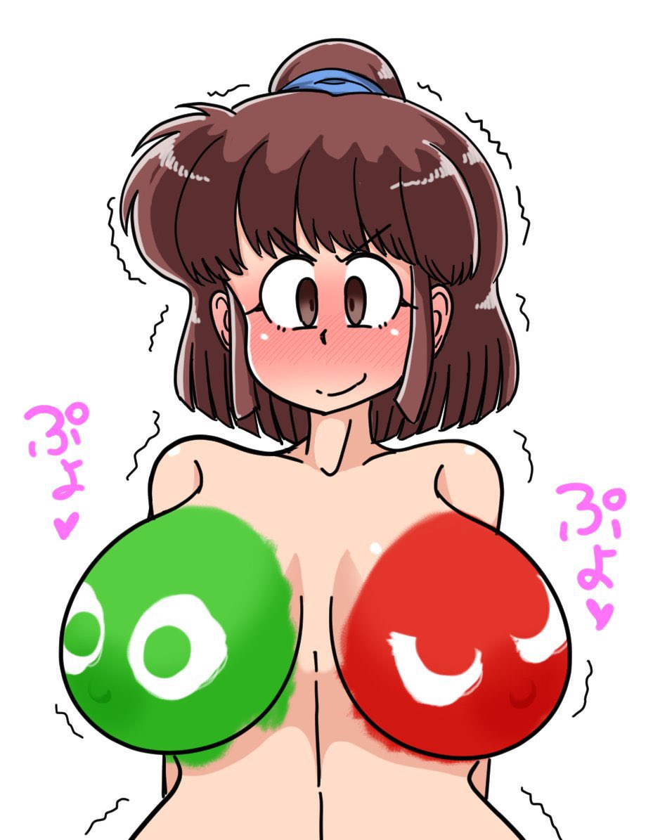 aged_up arle_nadja bodypaint breasts embarrassed green_puyo puyo_(puyopuyo) puyo_puyo red_puyo sugar_(pixiv8897706)