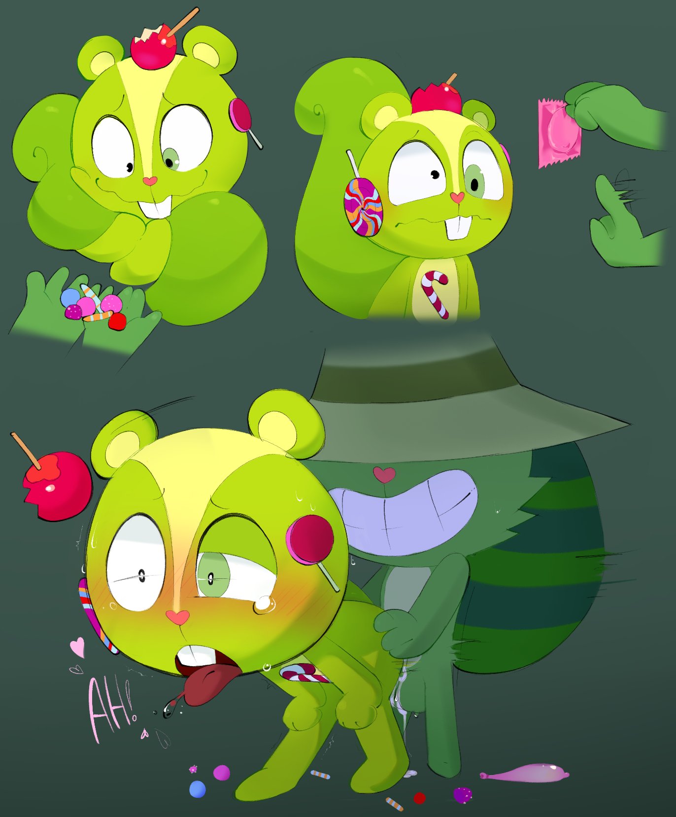 2boys anthro blush candy candy_cane food furry grabbing_own_tail green_eyes green_fur grin happy_tree_friends hat lollipop mu111777 nutty_(htf) open_mouth raccoon shifty_(htf) squirrel tears wavy_mouth