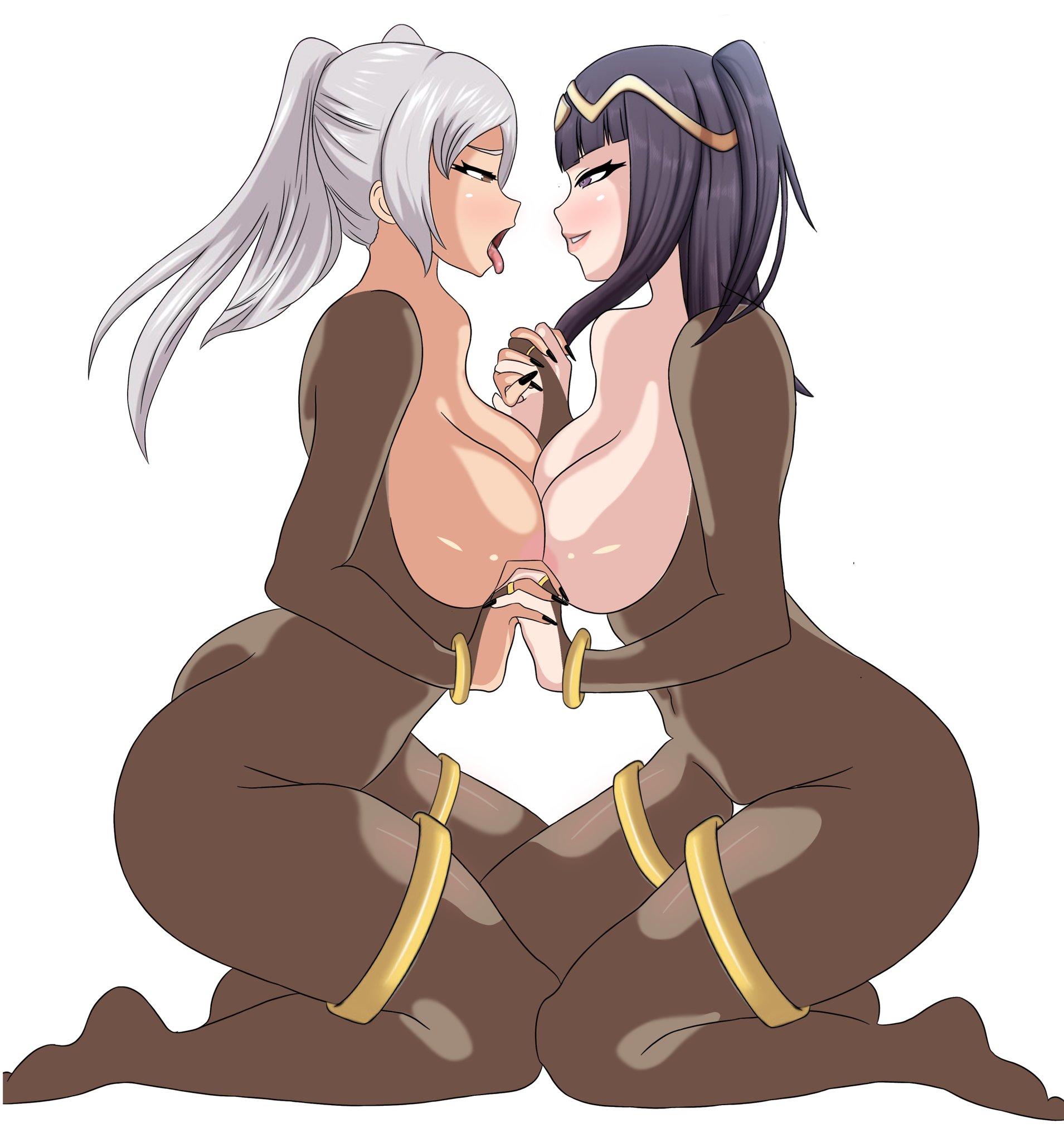 2girls, alternate costume, ass, big ass, black hair, black nails, bodystocking, breasts, breasts out, brown eyes, cosplay, female, female only, fire emblem, fire emblem awakening, grey hair, grin, holding hands, kneeling, large breasts, long nails, looking at another, medium hair, multiple females, multiple girls, nail polish, nintendo, open mouth, purple eyes, robin (fire emblem), robin (fire emblem) (female), seirosfollower, smile, symmetrical docking, tharja (fire emblem), tharja (fire emblem) (cosplay), tongue, tongue out, twintails, yuri