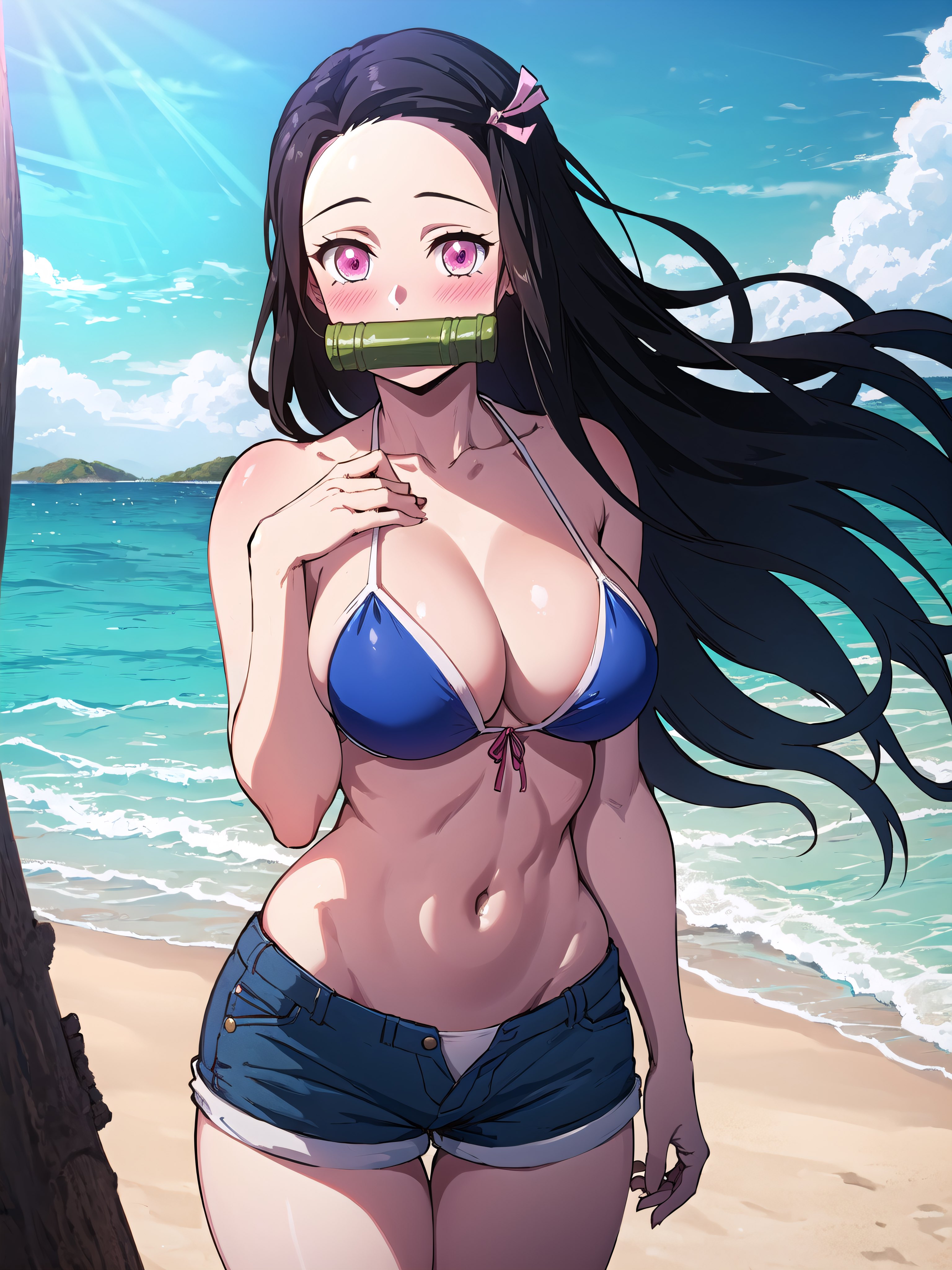 1girls, ai generated, beach, big breasts, bikini, black hair, breasts, busty, cleavage, demon slayer, denim, denim shorts, female, kamado nezuko, kimetsu no yaiba, large breasts, legs, long hair, looking at viewer, navel, ocean, pink eyes, shorts, thighs, voluptuous, water