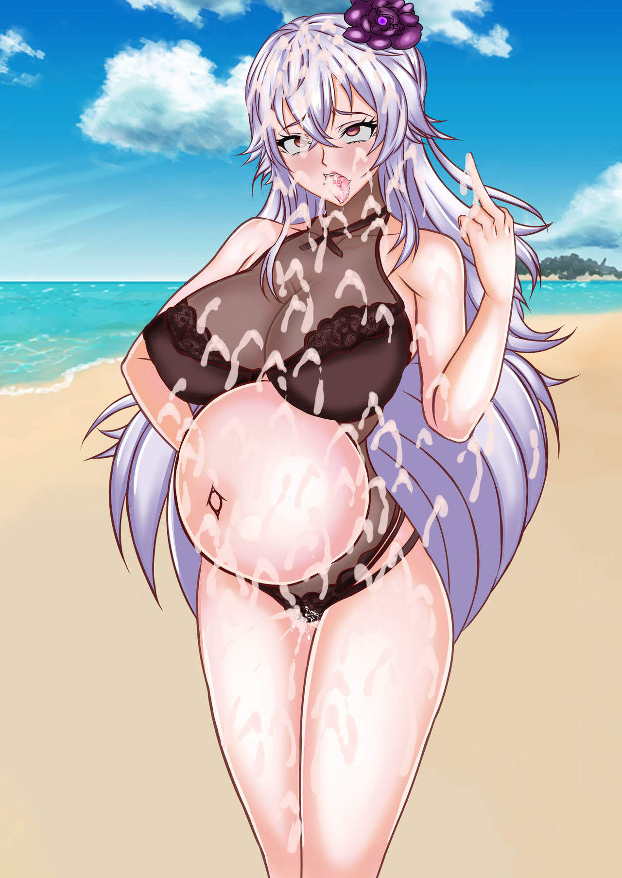 1girls after_sex ahe_gao aje azur_lane beach big_breasts breasts cum cum_in_mouth cum_in_pussy cum_on_body cum_on_breasts cum_on_face eyes_rolling_back female_only flower_in_hair graf_zeppelin_(azur_lane) graf_zeppelin_(beachside_urd)_(azur_lane) hand_on_hip hips huge_breasts large_breasts long_hair looking_at_viewer mature_female middle_finger open_mouth pregnant pregnant_belly pregnant_female pussy pussy_juice red_eyes swimsuit tongue_out white_hair