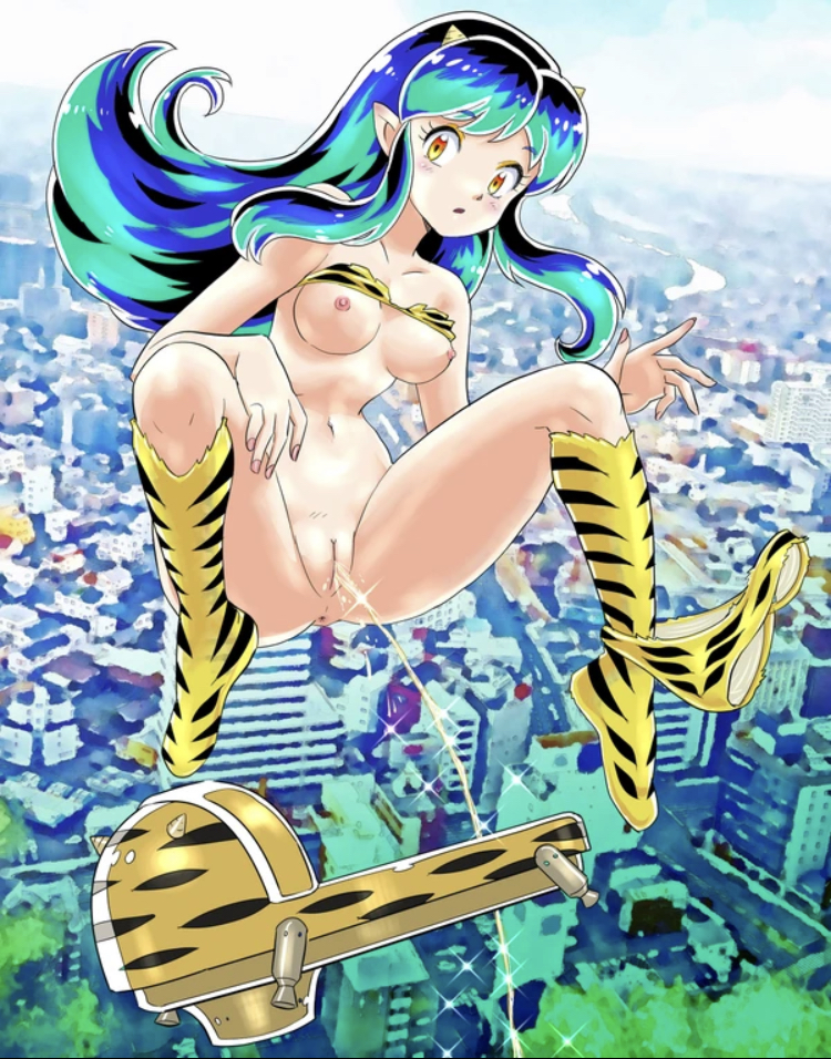 breasts fan_flash flying in_air lum nipples peeing pussy tagme urinal urinating urinating_female urination urine_stream urusei_yatsura