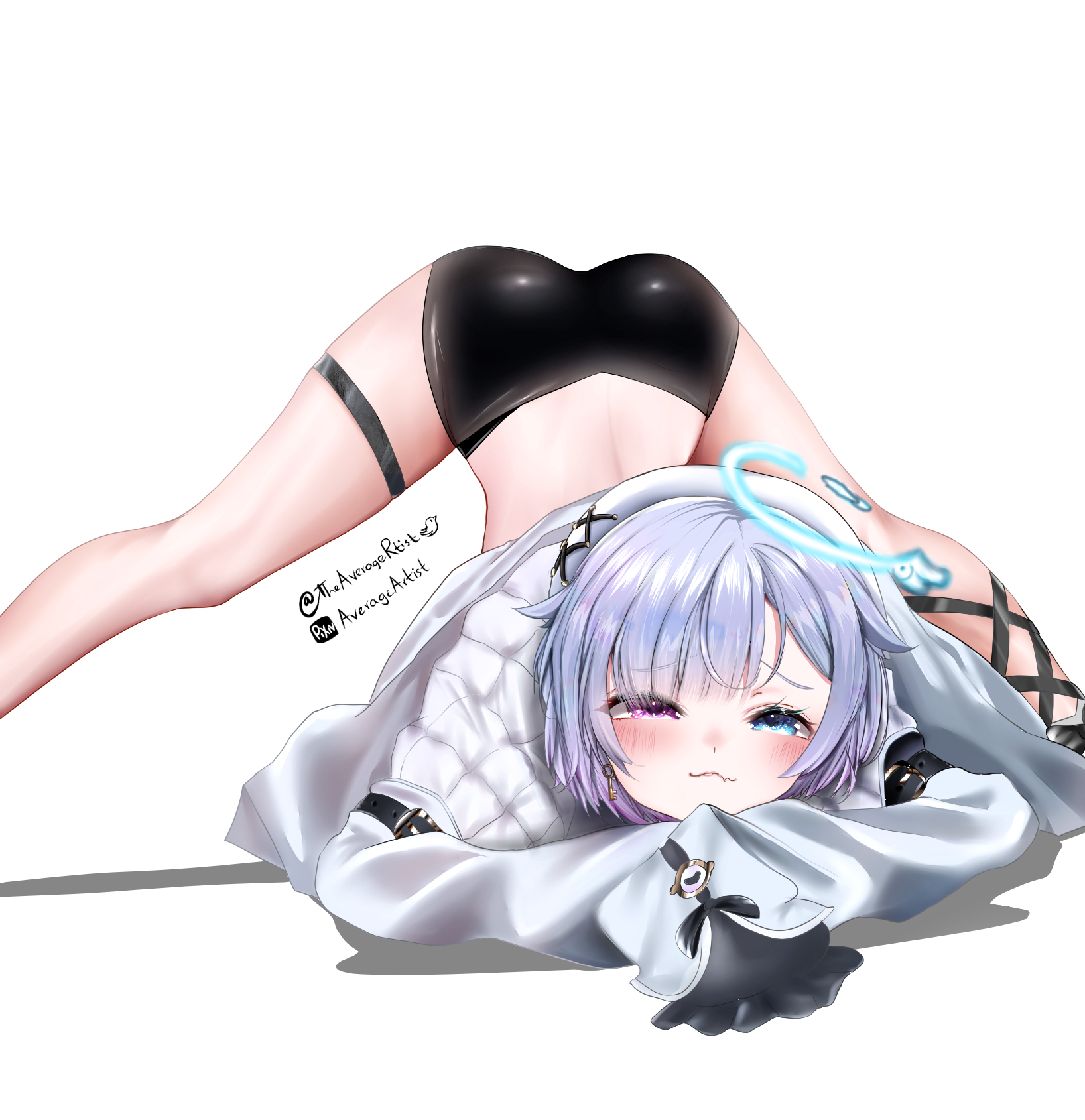 1girls, 2d, amemiya nazuna, ass, ass up, cute fang, face down ass up, female, halo, jack-o pose, jackochallenge, virtual youtuber, vshojo, vtuber