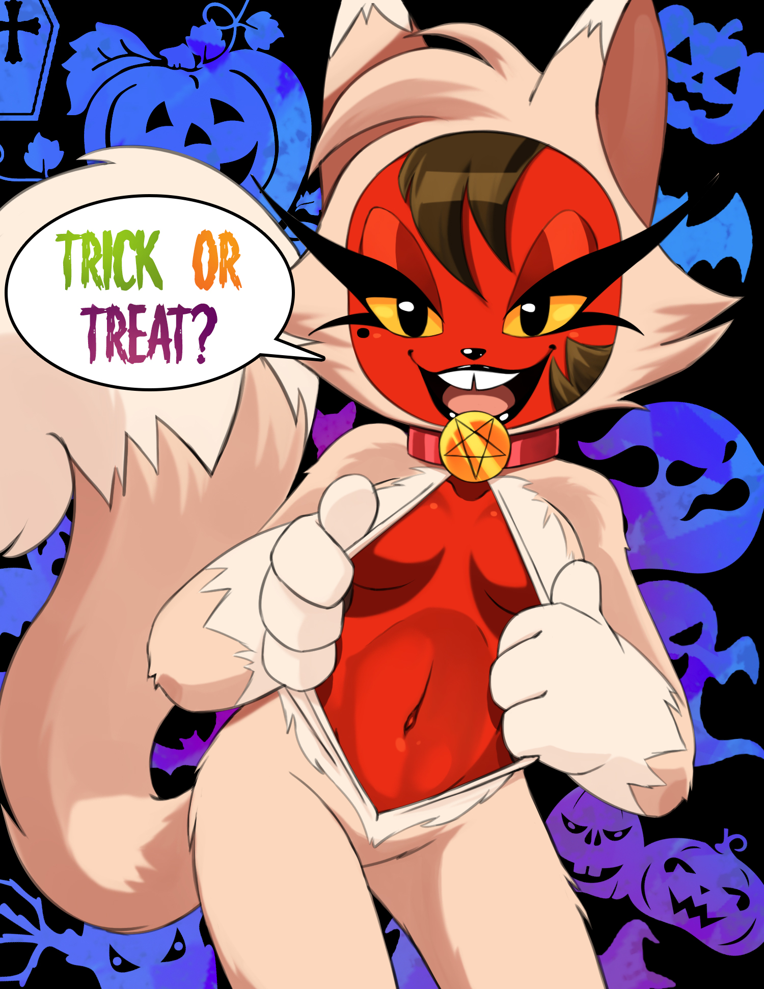 1girls, breasts, cat costume, cat ears, collar, demon, demon girl, female, halloween, hazardhead69, helluva boss, looking at viewer, millie (helluva boss), peeping, red body, shortstack, talking to viewer, trick or treat, yellow eyes