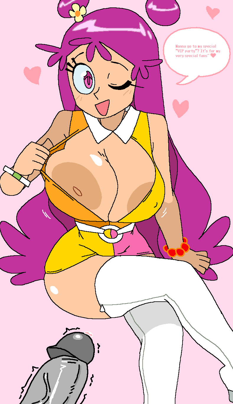 1boy 1girls ami_onuki big_areola big_breasts big_nipples boots breasts clothing dark_nipples dialogue dream-cassette dress erect_nipples female flashing flashing_breasts hi_hi_puffy_amiyumi hoshime huge_areolae huge_breasts huge_nipples invitation inviting legs_crossed looking_at_viewer male nipples no_bra one_breast_out partial_male penis pink_eyes pink_hair pov showing showing_breasts sitting text thick_thighs thighhighs wide_hips wink winking_at_viewer