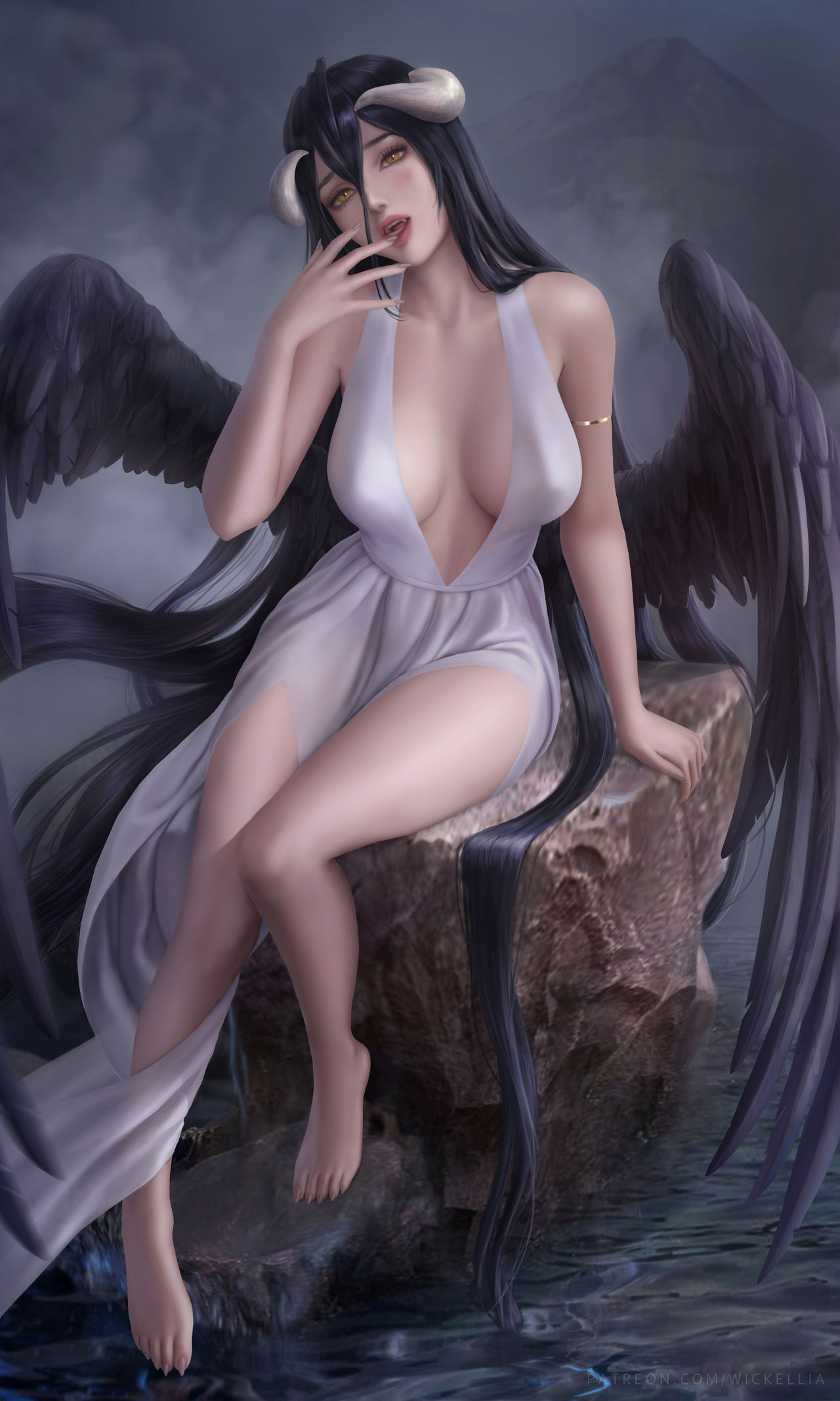 1girls albedo_(overlord) barefoot big_breasts breasts feet female female_only horns large_breasts long_hair looking_at_viewer overlord_(maruyama) smiling smiling_at_viewer solo succubus wickellia