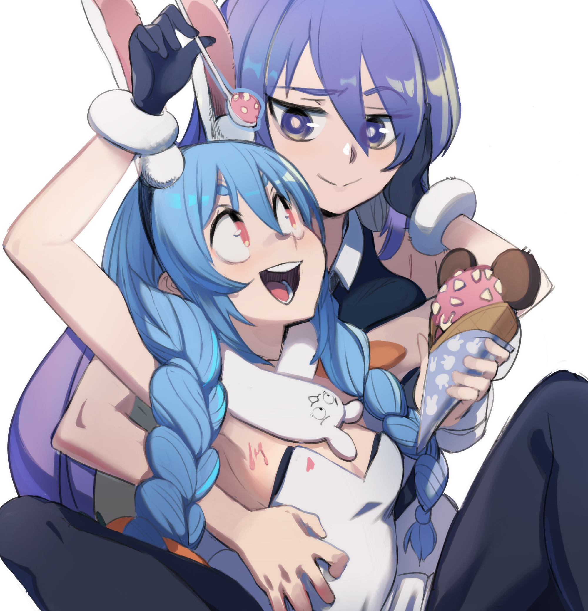 2girls, armpits, braid, braids, breasts, bunny ears, bunny girl, bunnysuit, cleavage, don-chan (usada pekora), eyelashes, eyeliner, female, female only, gloves, hi res, hololive, hololive fantasy, hololive indonesia, hololive indonesia area 15, hololive japan, hug, ice cream, leotard, light blue hair, light skin, light-skinned female, lingerie, long hair, makeup, moona hoshinova, pantyhose, parody, pink eyes, purple eyes, purple hair, scarf, sentient scarf, sho-n-d, small breasts, usada pekora, virtual youtuber, white background, yuri