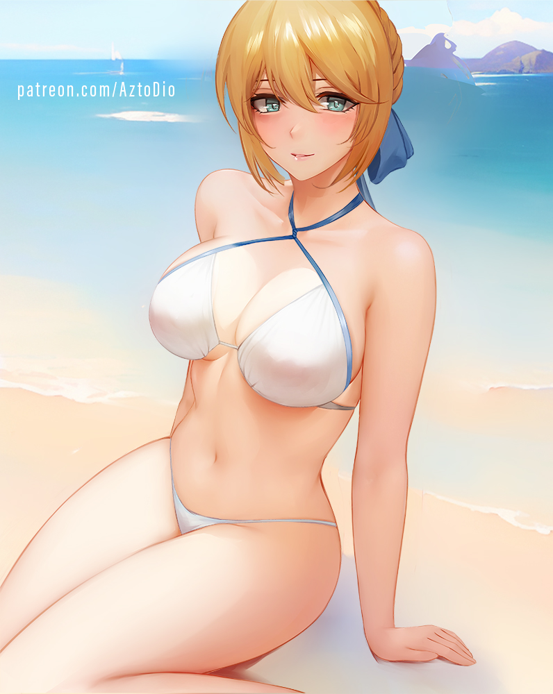 1girls, artoria pendragon, azto dio, bangs, bare shoulders, beach, bikini, blonde hair, blush, breasts, cleavage, collarbone, fate (series), fate/grand order, fate/stay night, female, female only, green eyes, halterneck, large breasts, light skin, light-skinned female, looking at viewer, navel, ocean, saber, short hair, sidelocks, sitting, smile, solo, swimsuit, thighs, water, white bikini