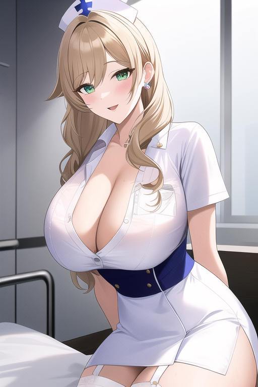 1girls ai_generated breasts brown_hair female genshin_impact green_eyes hips huge_breasts light-skinned_female light_skin lisa_(genshin_impact) long_hair looking_at_viewer nai_diffusion nurse nurse_cap nurse_costume nurse_outfit nurse_uniform smile stable_diffusion thick_thighs thighs wide_hips