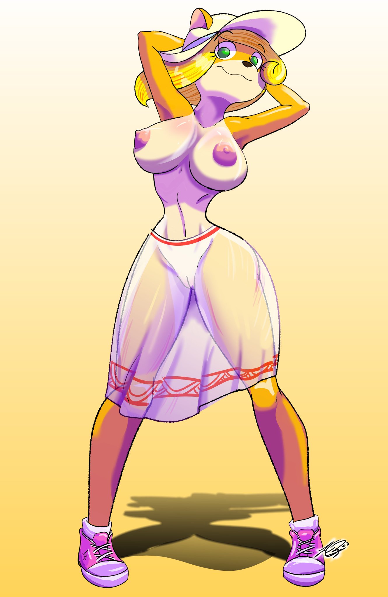 activision alluring-taili alluringtail anthro areola armpits bandicoot big_breasts bottomwear breasts casual clothing coco_bandicoot crash_(series) crash_team_racing_nitro-fueled female footwear genitals hair_down headwear hi_res mammal marsupial nipples pink_areola pink_nipples pussy skirt solo swimwear thick_thighs topless translucent translucent_clothing translucent_swimwear video_games