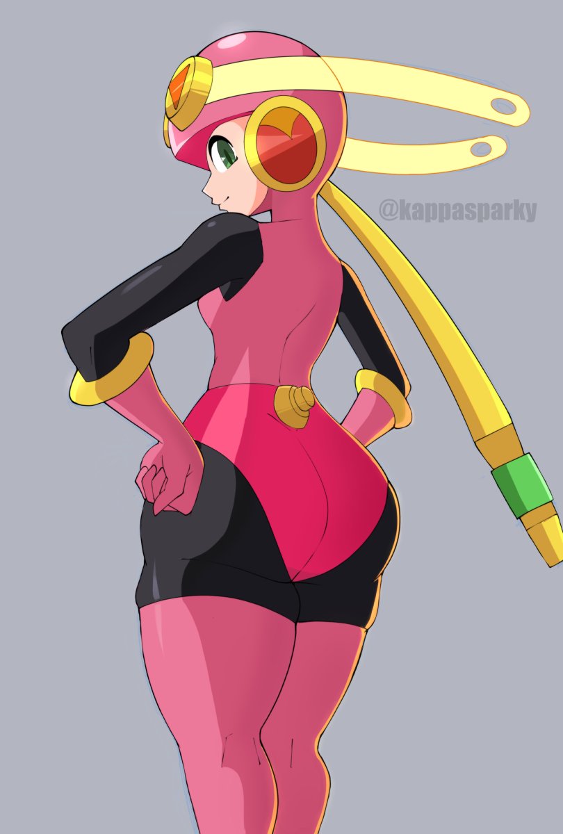 1girls ass big_ass clothing female hands_on_hips kappa_spark latex latex_suit looking_back mega_man mega_man_battle_network pink_suit roll.exe solo solo_female tight_clothing tight_fit tights twitter