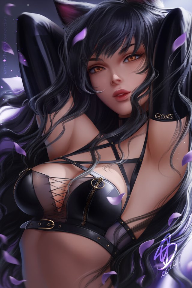 1girls, armpits, arms behind back, artist logo, artist name, black hair, blake belladonna, bra, brown eyes, detailed background, female, female only, fox ears, light skin, light-skinned female, lips, long hair, looking at viewer, olchas, orange eyes, pale skin, pale-skinned female, rwby, sexy armpits, solo, tagme