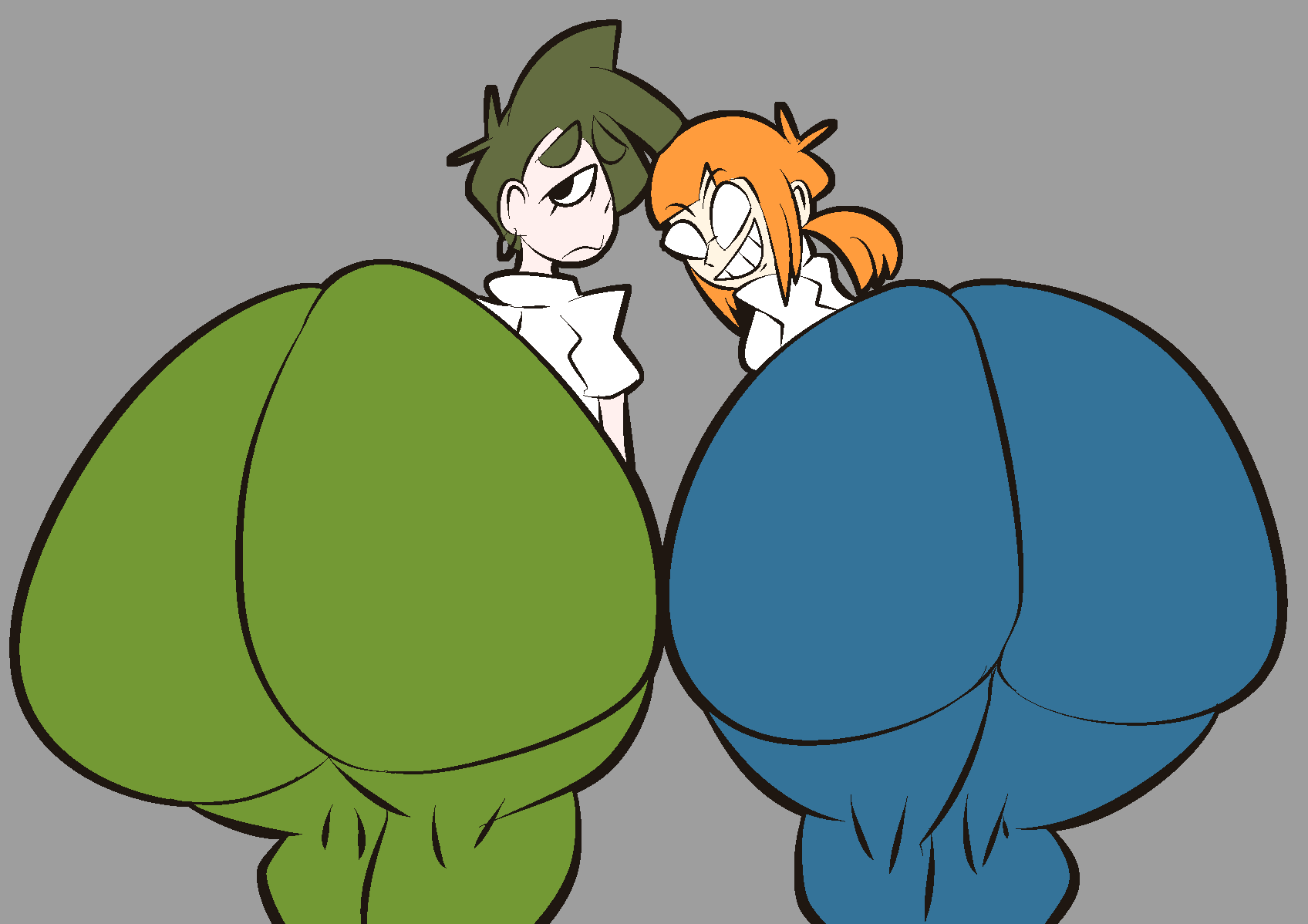 2022 2girls algae_(nasty_spaghjetti) ass ass_focus back_view big_ass blue_pants bottom_heavy bubble_ass bubble_butt butt_focus curvy curvy_figure dat_ass doodle duo duo_focus fat_ass female female_focus female_only frown gigantic_ass glasses green_hair green_pants grey_background huge_ass jennilda_(rejectdoodles) large_ass looking_at_viewer looking_back multiple_girls nasty_spaghjett oc orange_hair original original_character pale-skinned_female pale_skin presenting_hindquarters rear_view smile thick_ass white_shirt wide_hips