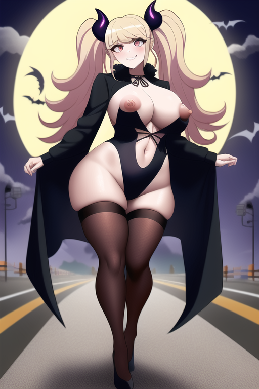 ai_generated bats danganronpa danganronpa:_trigger_happy_havoc demon demon_girl exposed_breasts halloween halloween_costume horns huge_breasts junko_enoshima large_breasts n.c.b_ai nai_diffusion red_eyes road smile stable_diffusion succubus thick_thighs thighhighs twintails walking