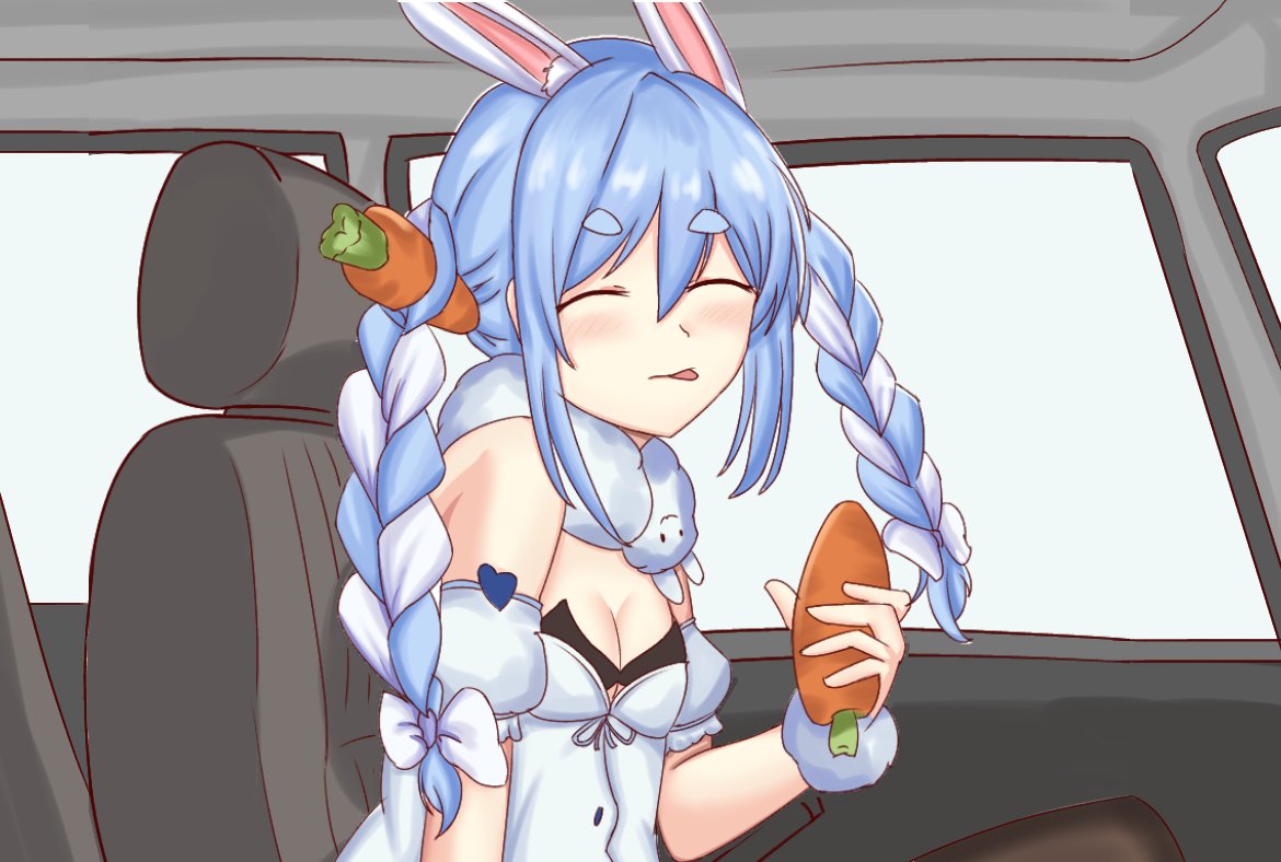 1girls braids bunny_ears carrot closed_eyes don-chan_(usada_pekora) eyebrows_visible_through_hair female hololive hololive_fantasy hololive_japan inside_car lenku_ass light_blue_hair light_skin parody tongue_out usada_pekora virtual_youtuber