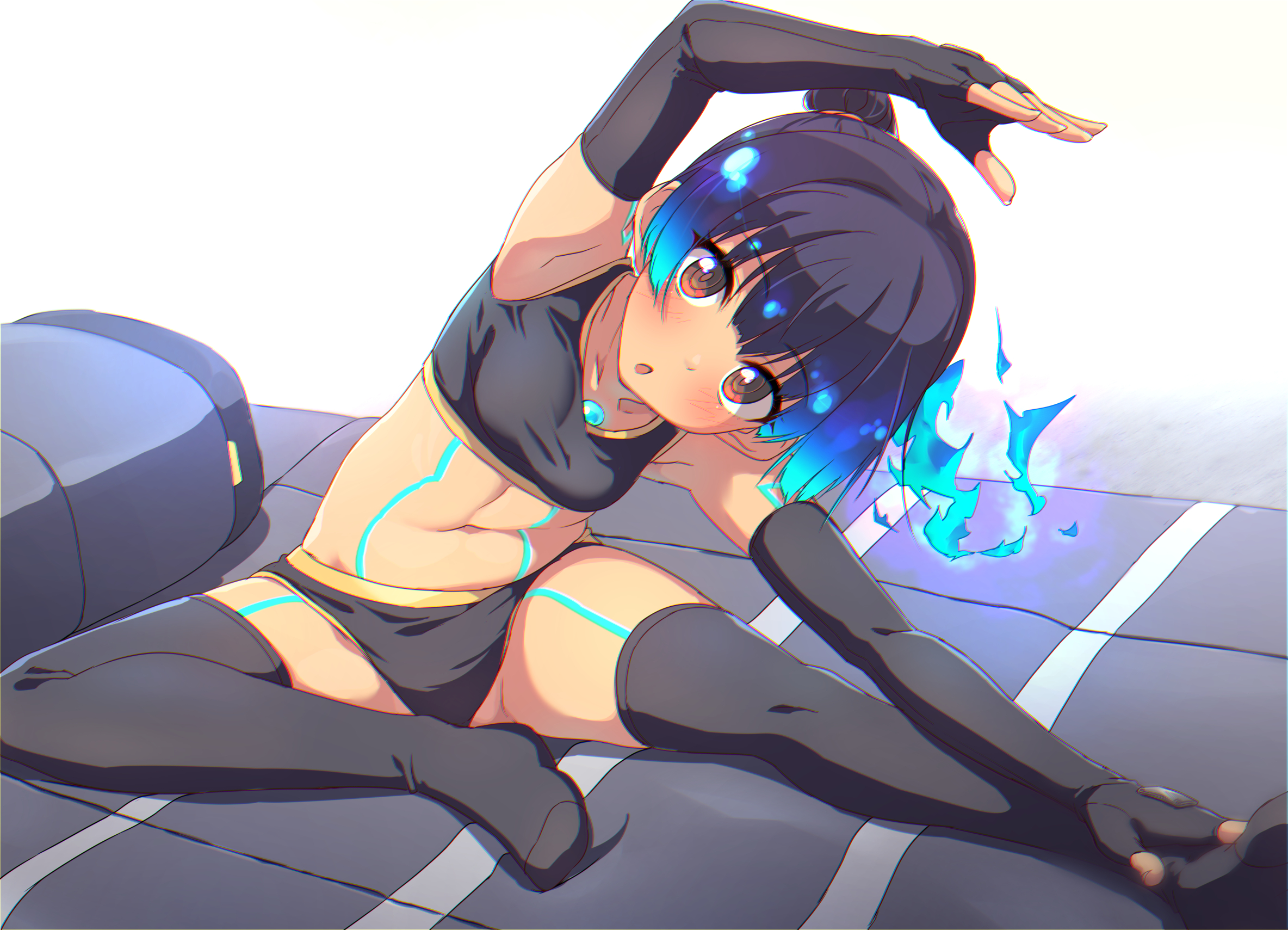 1girls, abs, absurd res, armpits, arms up, black legwear, black panties, blue hair, breasts, brown eyes, core crystal, cute, elbow gloves, female, fiery hair, fingerless gloves, fire hair, full body, gloves, highres, legs, legwear, looking at viewer, midriff, navel, nintendo, on bed, open mouth, petite, ponytail, sena (xenoblade), side ponytail, sitting, sitting on bed, slim, small breasts, sports bra, spread legs, stockings, stretching, sw (taco), thighhighs, thighs, workout clothes, xenoblade (series), xenoblade chronicles 3