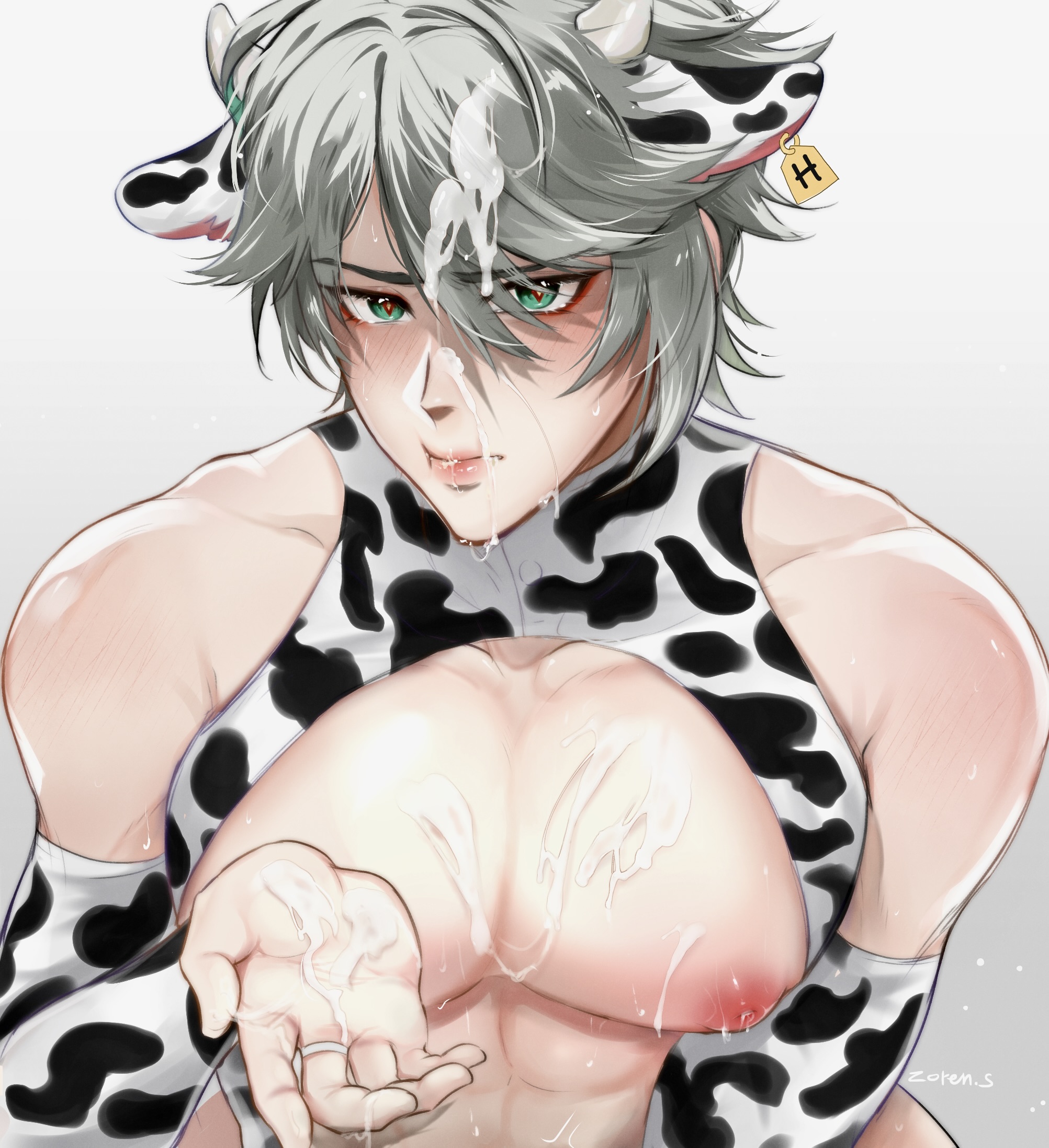 1boy, alhaitham (genshin impact), blushing, boob window, breasts, cow costume, cow ears, cow print, cum in mouth, cum on breasts, cum on face, cum on hair, furrowed brow, genshin impact, green eyes, grey hair, male, male focus, male only, muscular, muscular male, pectorals