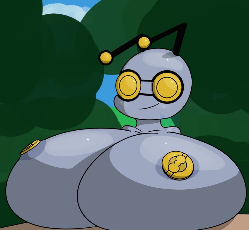 1girls antennae areola_slip ashley432 big_breasts cleavage coin coins collecurei female gimmighoul gray_body grey_skin hiding_nipple huge_breasts outside pokemon solo yellow_eyes