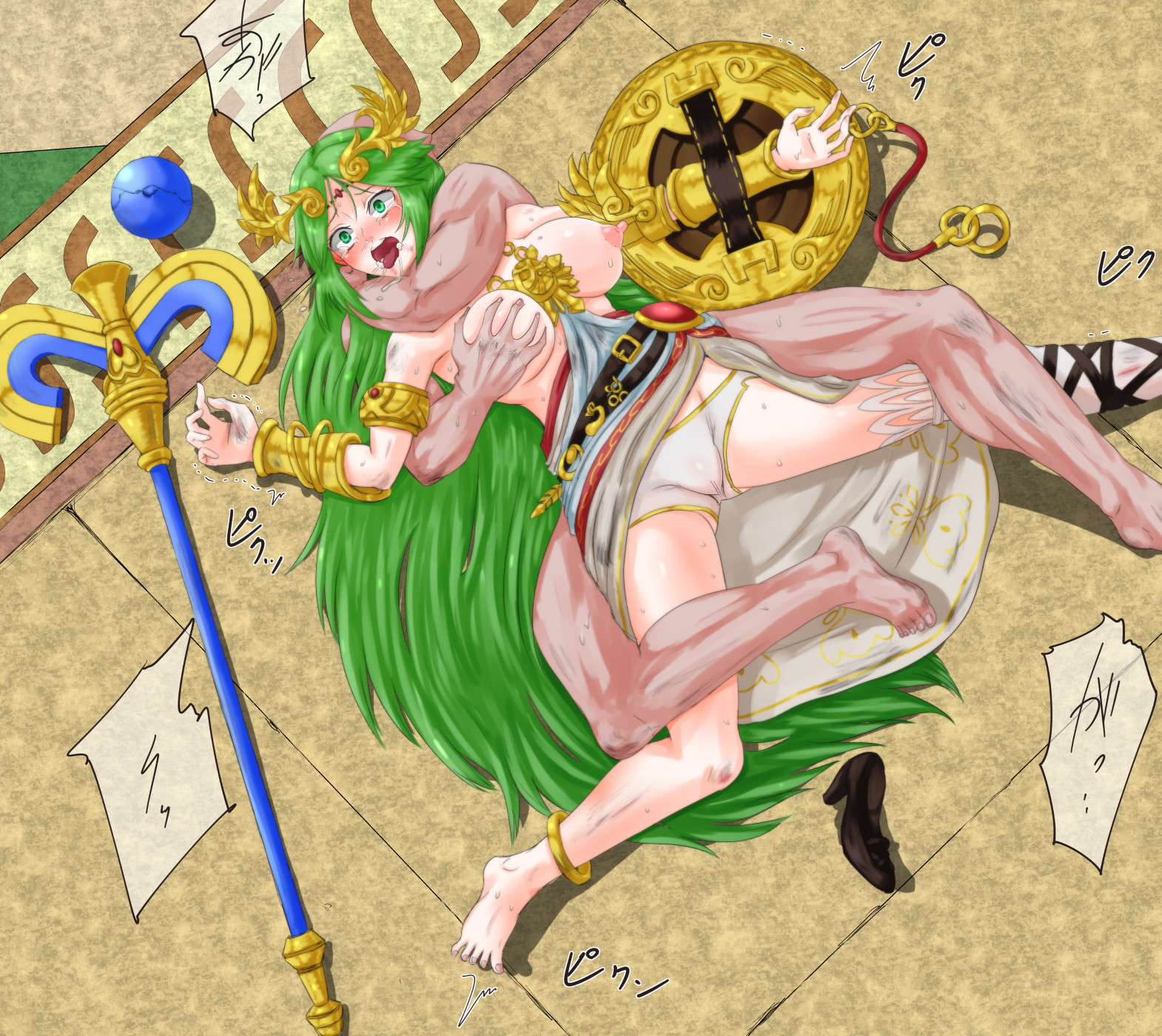 1boy, 1girls, asphyxiation, breasts, choking, crying, defeated heroine, female, forced, groping, groping breasts, headlock, humiliation, kid icarus, kid icarus uprising, male, nintendo, palutena, rape, ryona, screaming, straight, tears, text