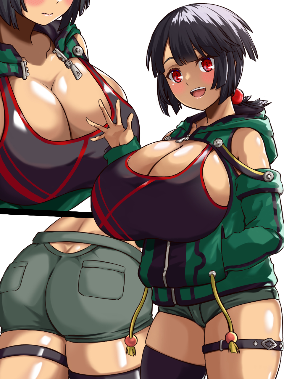 1girls adapted_costume ass black_hair breasts female game_freak hizakake hoodie huge_breasts large_ass long_hair nintendo pokemon pokemon_oras red_eyes smile sports_bra tan tan-skinned_female tanned_skin wave zinnia_(pokemon)